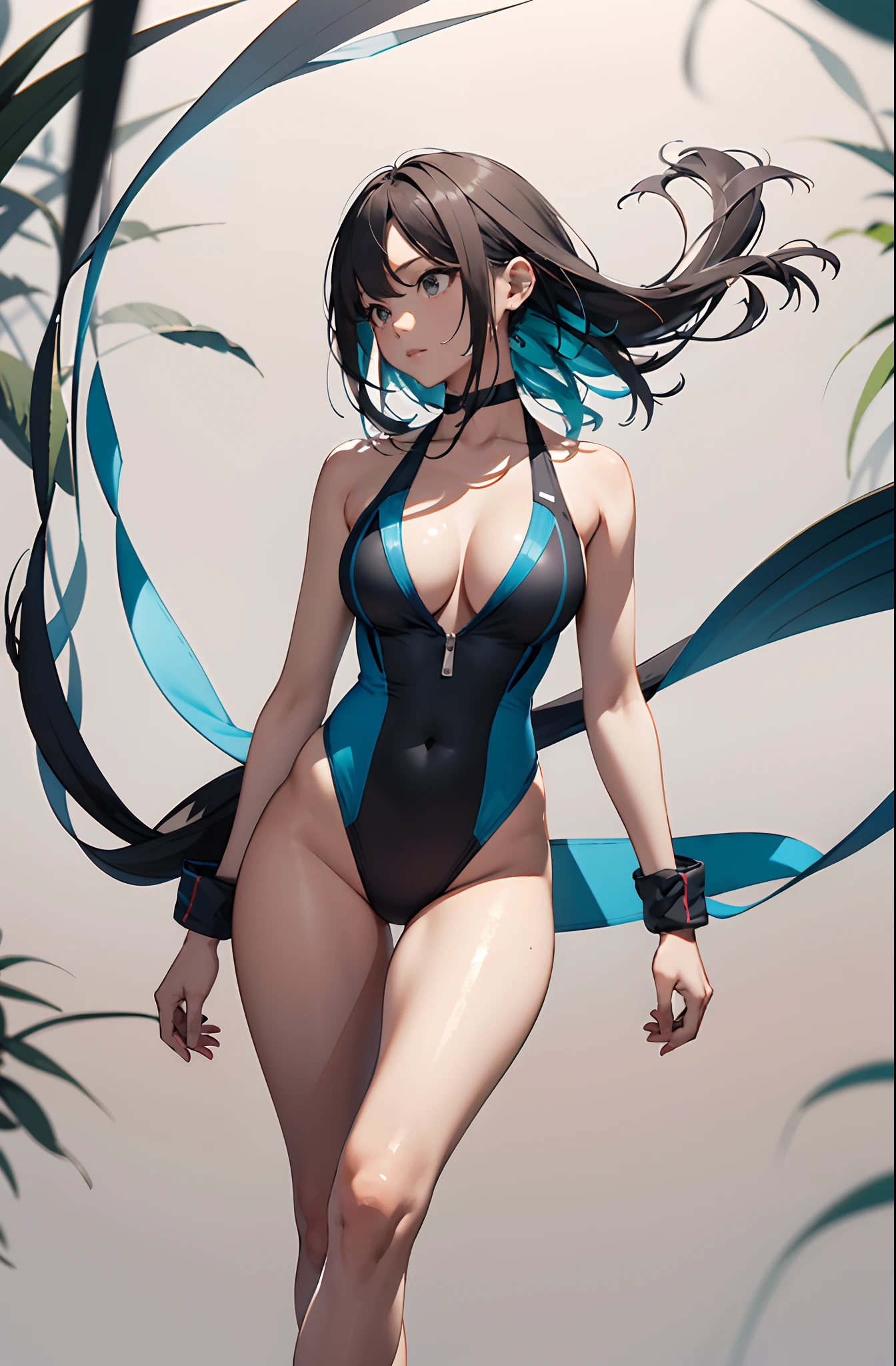hoang lap,A high resolution,ultra - detailed,(1girll:1.3),Create minimalist designs,with clean lines,Simple shape,Focus on composition and balance。Capture low-light images,Lighting is minimal,And focus on the subtle details and atmosphere of the scene。With delicate lines、Flat colors and images inspired by patterns and compositions。brassier,Large breasts,High-fork swimsuit,F-cup,short black straight hair,long whitr hair,Female Martial Artist