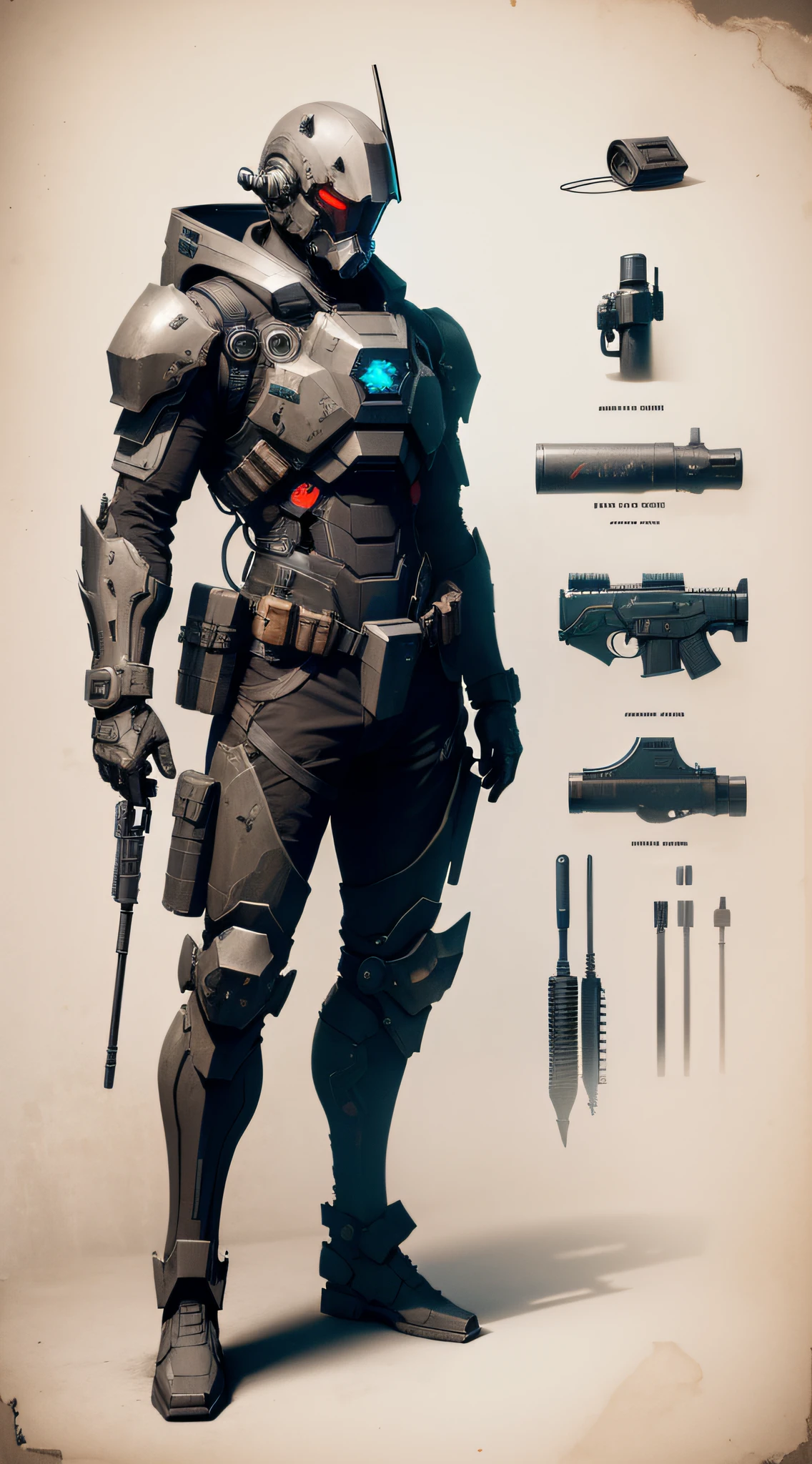 Game object GUn, bits of color, Sketch, hand drawn, dark, gritty, realistic sketch, Rough sketch, mix of bold dark lines and loose lines, bold lines, on paper, character sheet, humanoid, Full body covered in metal, slik, sci-fi, ghostly theme, (((items and gear listed on the side)))