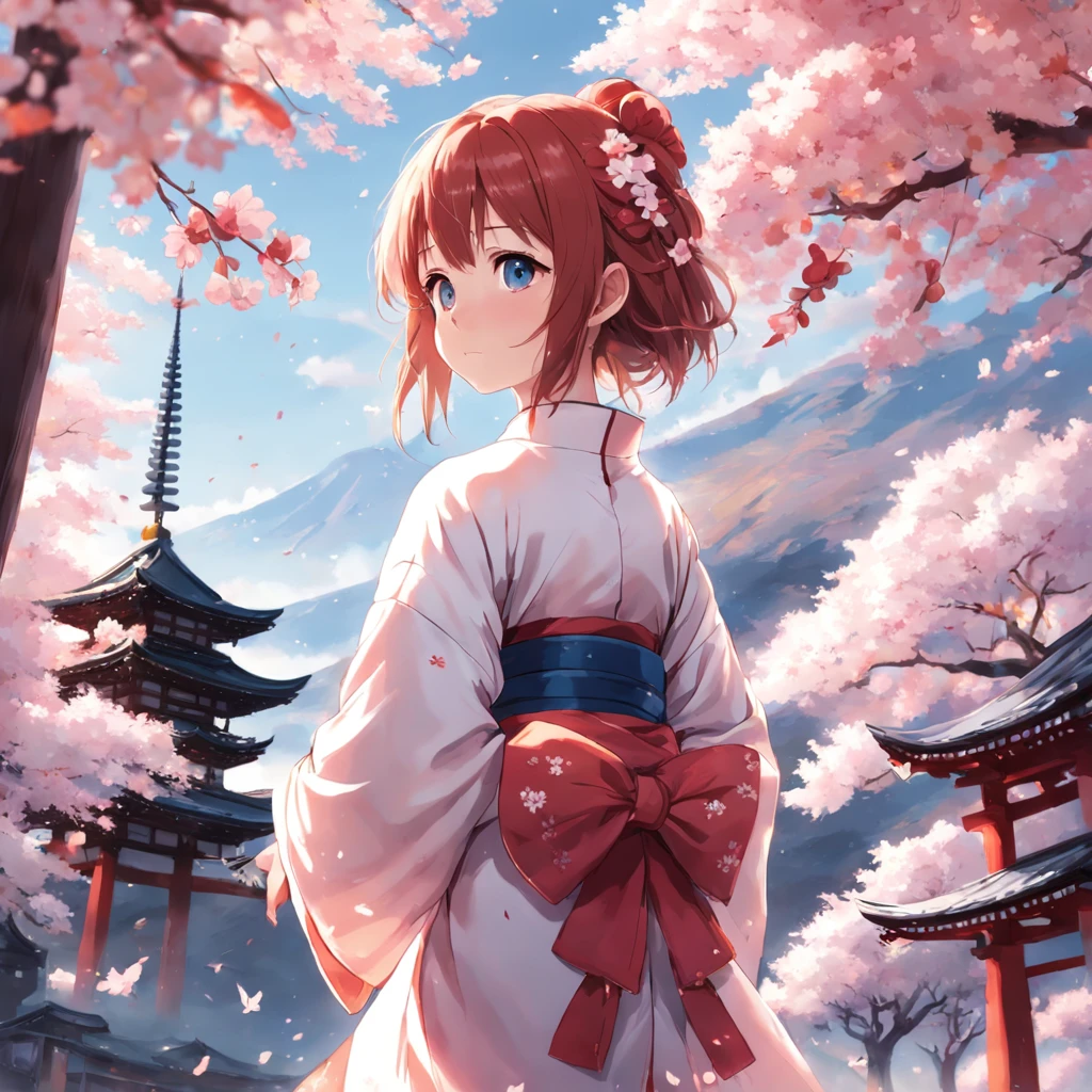 masterpiece, best quality, movie still, 1 girl, girl in white and red kimono, japanese pagodas, cherry blossom trees, facing to the sky, bright, happy, warm soft lighting