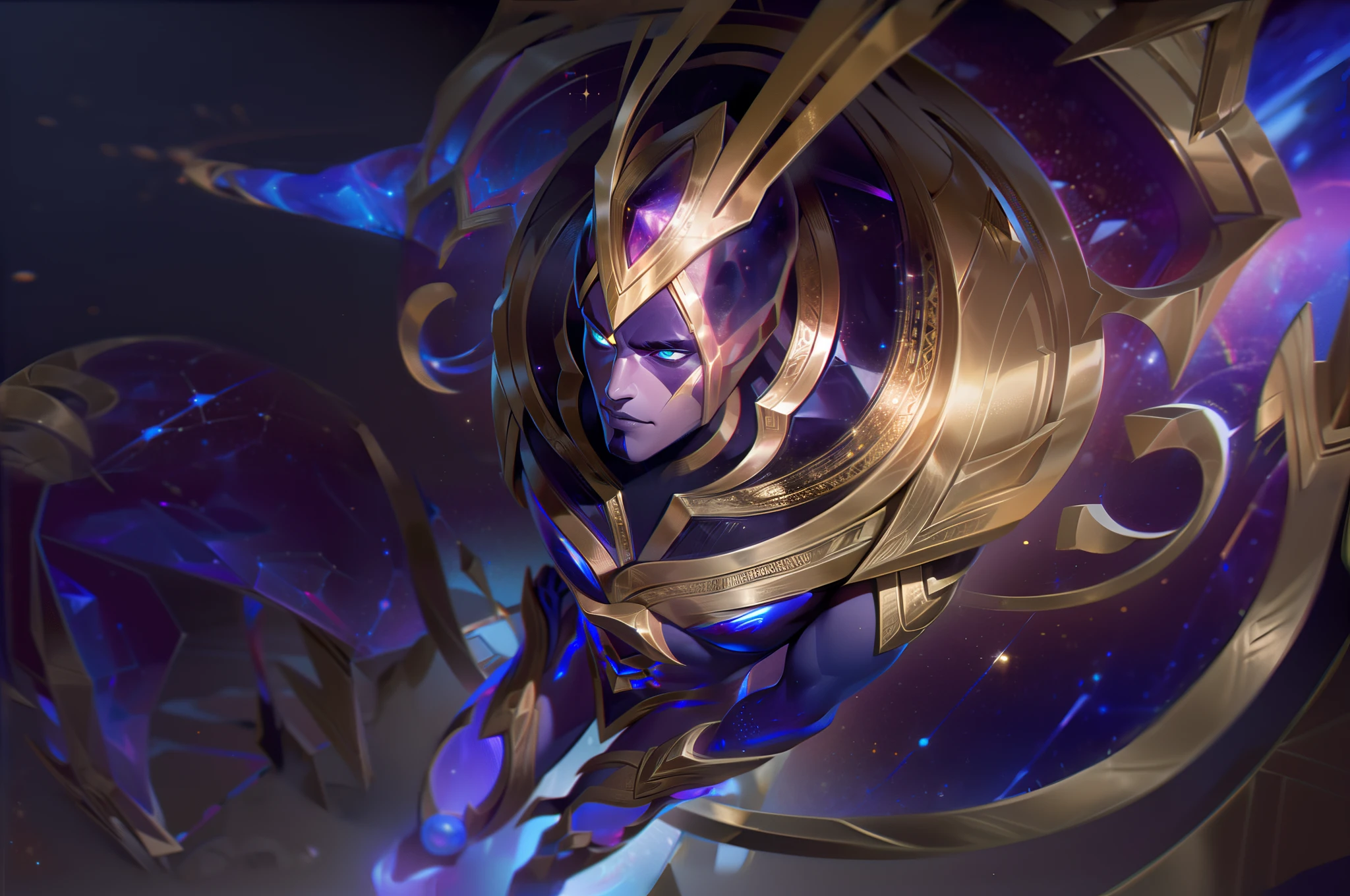 Man line of cosmic skins lol With golden details aspect seen from above of the entire evil body