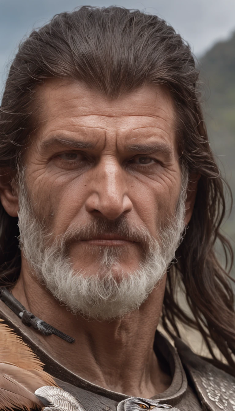 homem aguia ,de um real,Facial features are carefully described,textura de pele realista,中景 the scene is, Barbarian Bearded,(Male eagle people:1.4),(mascara de aguia:1.5),membros espessos,(Meio corpo:1.4),Cabelo de corte curto de cor marrom,Estilo escuro,profundidade de campos,Luz alta,luz real,Traching de raias,oc renderizado,hyper-realistic,melhor qualidade,8k,Obras de mestres,super-fino,pelos pubianos detalhados,anatomia correta,Bokeh,Facial features are carefully described