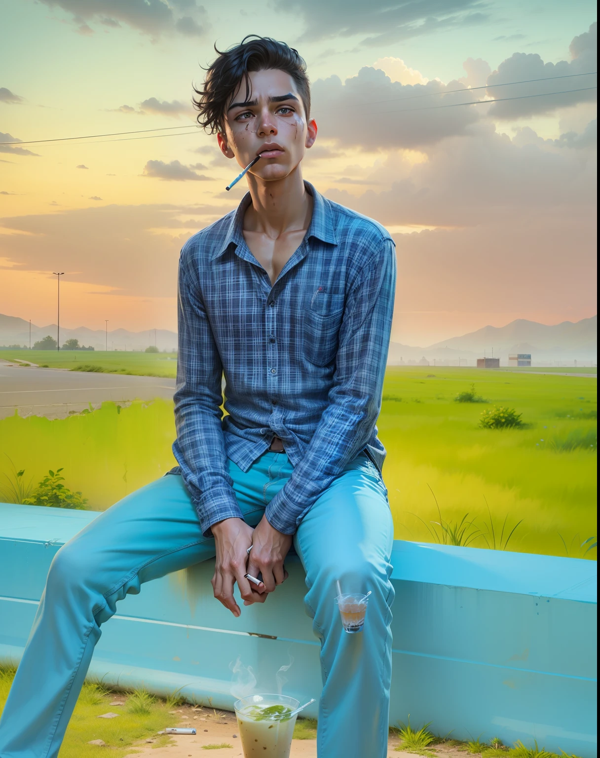 there is a 15-year-old man, with drugs in his hands, in the middle of the city, with drugs everywhere, sad look, sad scene, smooth skin, dark hair, no beard, with drink in hand, smoking cigarette, holding the cigarette with his mouth, cinematic realistic portrait, ultra-realistic concept art, realistic art style, cinematic bust portrait, hyperrealistic conceptual art, highly realistic concept art, realistic character concept art, photorealistic art style, detailed character portrait, photorealistic concept art, photorealistic dark concept art, character art portrait, photorealistic concept art -