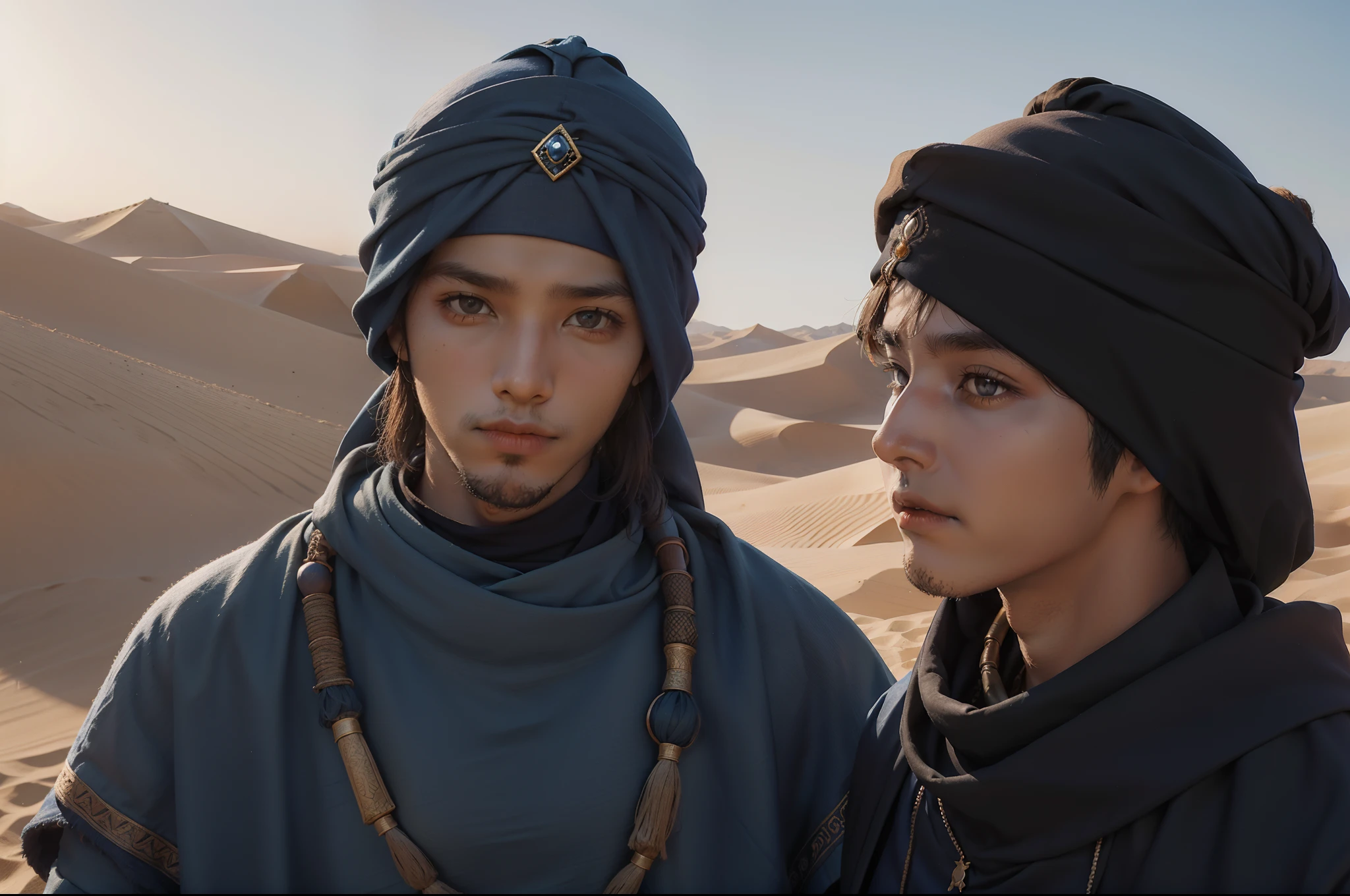 A young berber man, wearing a dark blue cloth on his head, tunic, only the eyes visible. Camel behind him. Desert as background, dunes, illuminated by natural sunset light.