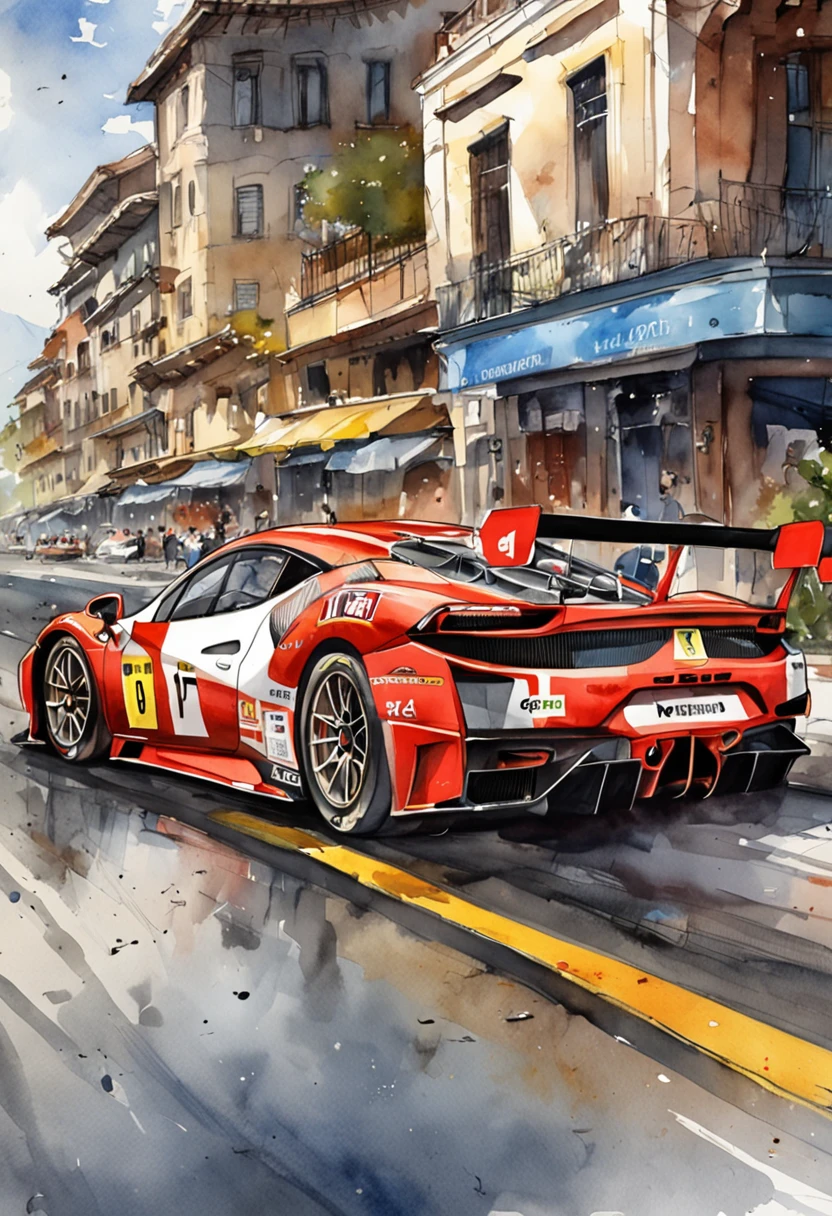 "an Quority(ferrari 488 gt3)Racing cars race around the city circuit at night,A breath of blood and speed。"