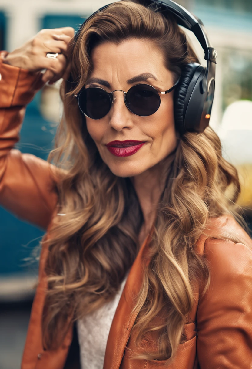 mulher loira de cabelos grandes e lisos fazendo um podcast, com fones de ouvido, behind a microphone, mulher loira, cabelos longos, red-lips, com grandes peitos, foto realista, fotorrealista, 16k, alta resolução, olhando para o telespectador
