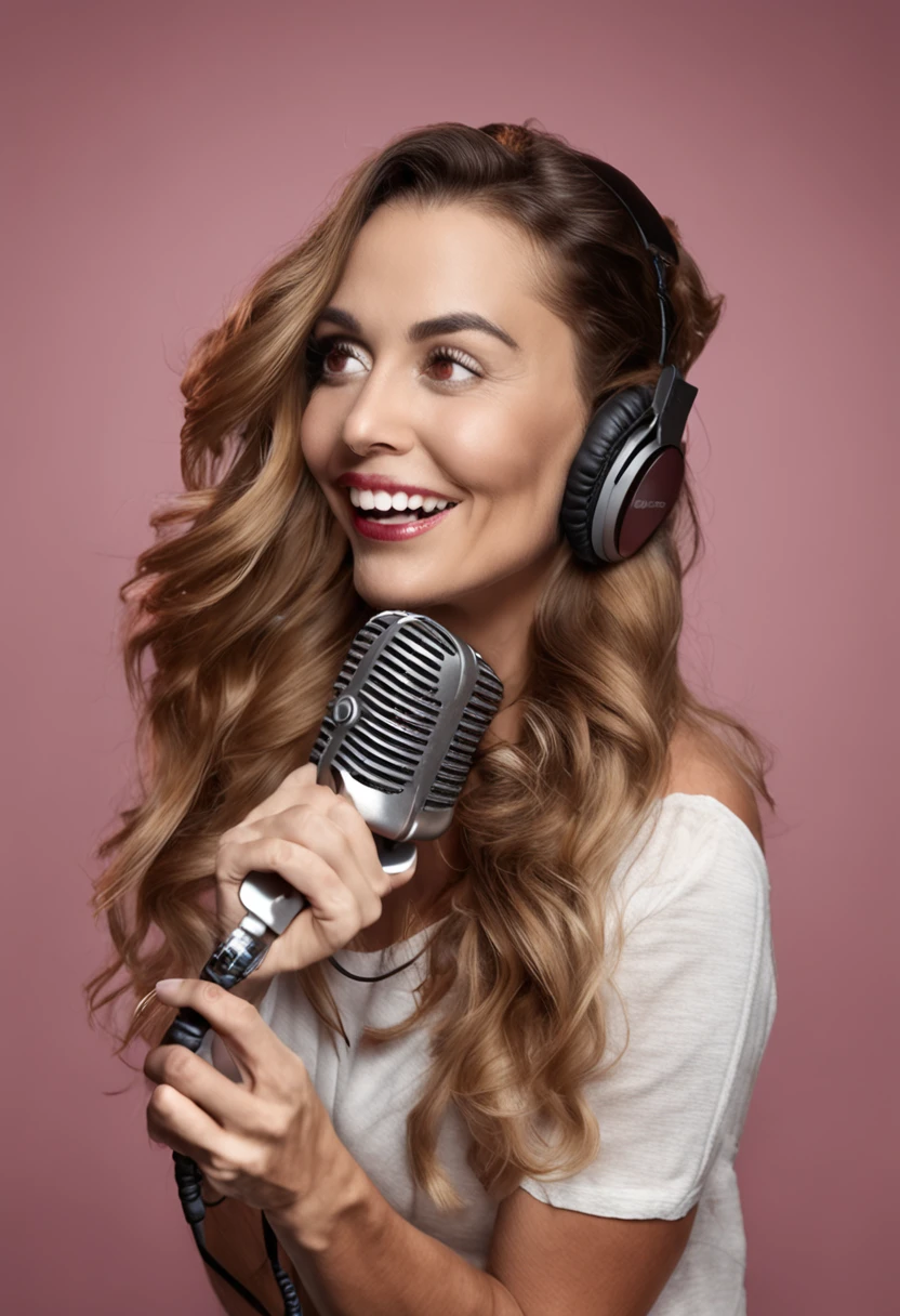 mulher loira de cabelos grandes e lisos fazendo um podcast, com fones de ouvido, behind a microphone, mulher loira, cabelos longos, red-lips, com grandes peitos, foto realista, fotorrealista, 16k, alta resolução, olhando para o telespectador