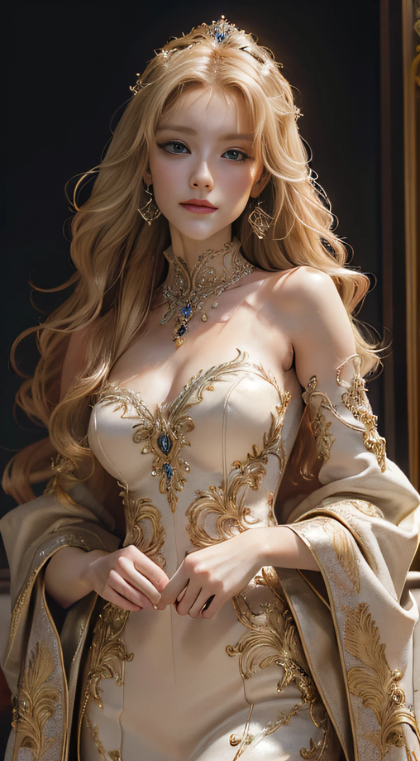 best quality, highly detailed, ultra-detailed, illustration, masterpiece,extremely detailed eyes and face, incredibly_absurd resolution, (blonde hair) , 1girl, wearing a meticulously crafted and luxurious gown showcasing intricate details, exquisite tailoring, and opulent fabrics, slim waist, light smile, whole body, facing towards the viewers, dynamic pose