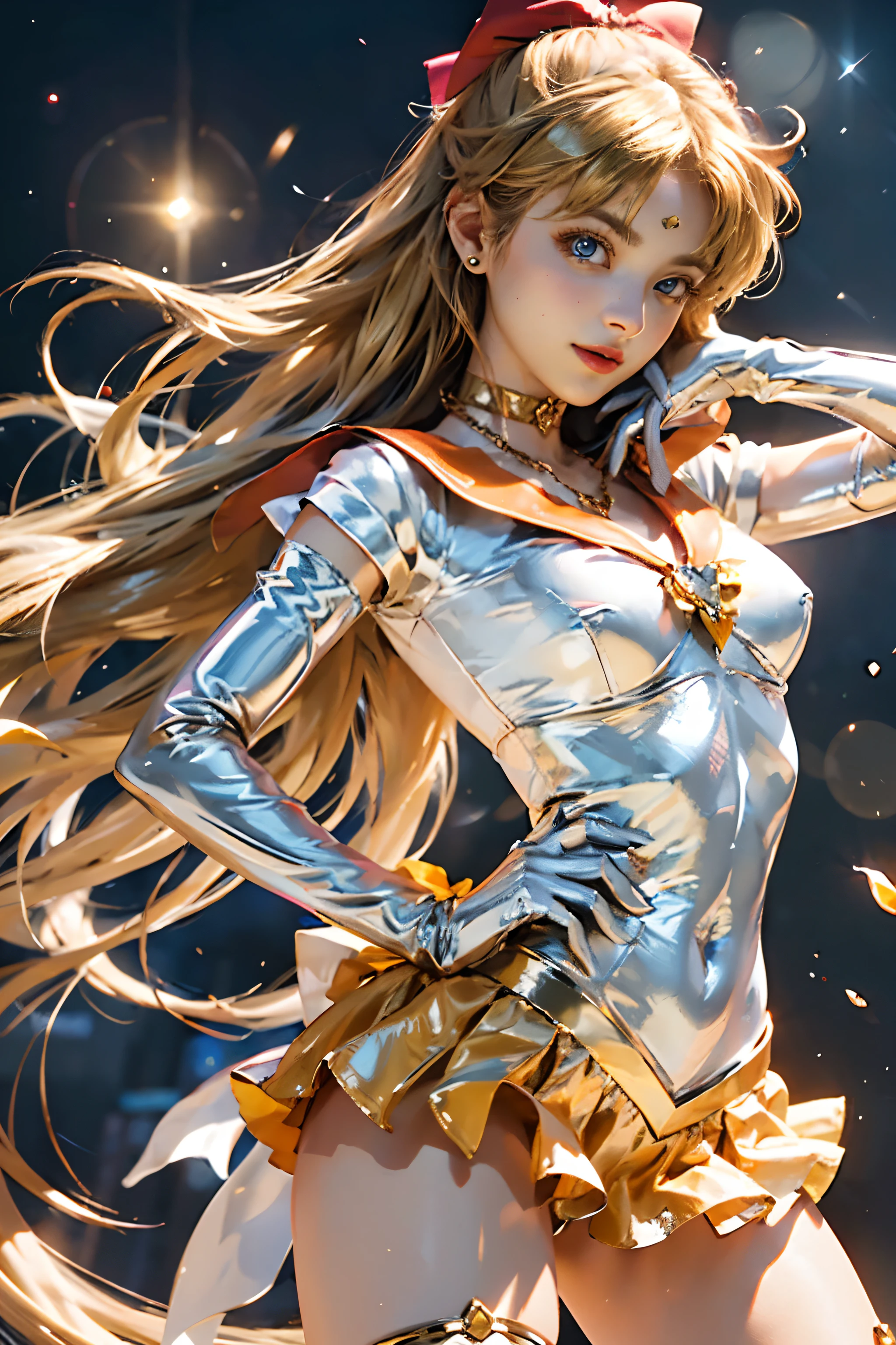 full: 1.3, Stand, Masterpiece, 。.3D, Realistic, Ultra-micro photo, Top quality, Ultra detailed CG Unity 8K wallpaper, From below, Intricate details, (1 female), 18 years old, (SV1, Sailor senshi uniform, Orange skirt, Elbow gloves, head gear, Orange sailor collar, Red bow, Orange choker, White gloves, jewelry), Incredibly long straight very bright blonde: 1.2, Shiny and beautiful straight blonde long hair: 1.2, Sailor Venus, Minako Aino, Apparently a sailor Chiseki uniform, Sparkling orange sexy pleated miniskirt: 1.3, (The blue bow in the center of the chest is very large: 1.4, Gold headdress on the forehead: 1.5, Wear orange gloves on your elbows: 1.1, Bare upper arm: 1.1, Long knee-high boots,Bright orange enamel,Luxurious gold accents: 1.3, Saturated wide orange collar, Saturated orange sailor collar, The red bow on the back of the head is very large: 1.1, White latex long gloves,Decorated with luxurious gold accents: 1.3, Very large yellow bow at the back of the waist: 1.1, Orange choker, Looks sexy and bold, Orange heart-shaped earrings)),
((Seductive smile, very pretty look face, Face details: 1.5, Bright blue eyes, Beautiful face, Beautiful eyes, Shiny eyes, Thin lips: 1.3, Thin, sharp pale eyebrows, long dark eyelashes, Double lashes)), Luxury gold jewelry, (Very slim fit high-gloss white holographic leather: 1.3), Bold sexy slender tall gravel swimsuit, (Fighting stance), Huge white wings, musculous, muscle abs, Small face, Huge breasts, Perfect proportions, Thin waist, sexy model pose, Visible pores, Perfect hands: 1.5, Octane rendering, very dramatic images, Intense natural light, Sunlight, exquisite lighting and shadows, Dynamic angles, Digital SLR harp, Focus: 1.0, Maximum clarity and sharpness(Golden theology, Heartstorm space background, Dynamic gold chain background, Golden Man: 1.2, Golden hair, Venus, Moonlight, Moon, Dynamic background, detailedbackground))