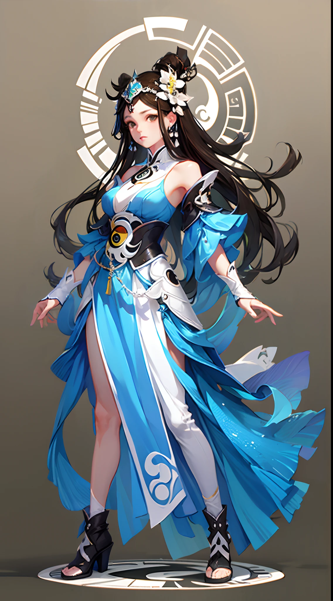Game Character, East Asian Original Art Character Design, 1girl, Solo, Full Body, Dress, High Heels, Standing, Bare Shoulders, Gradient, Gradient Background, Gray Background, Hair Accessory, Brunette Hair, Blue Dress, Looking at the Audience, Tits, Brown Hair, Arms Sides, Long Hair, Black Footwear, Brown Eyes, [:(gradient background:1.5):40], Simple Background, Yin and Yang