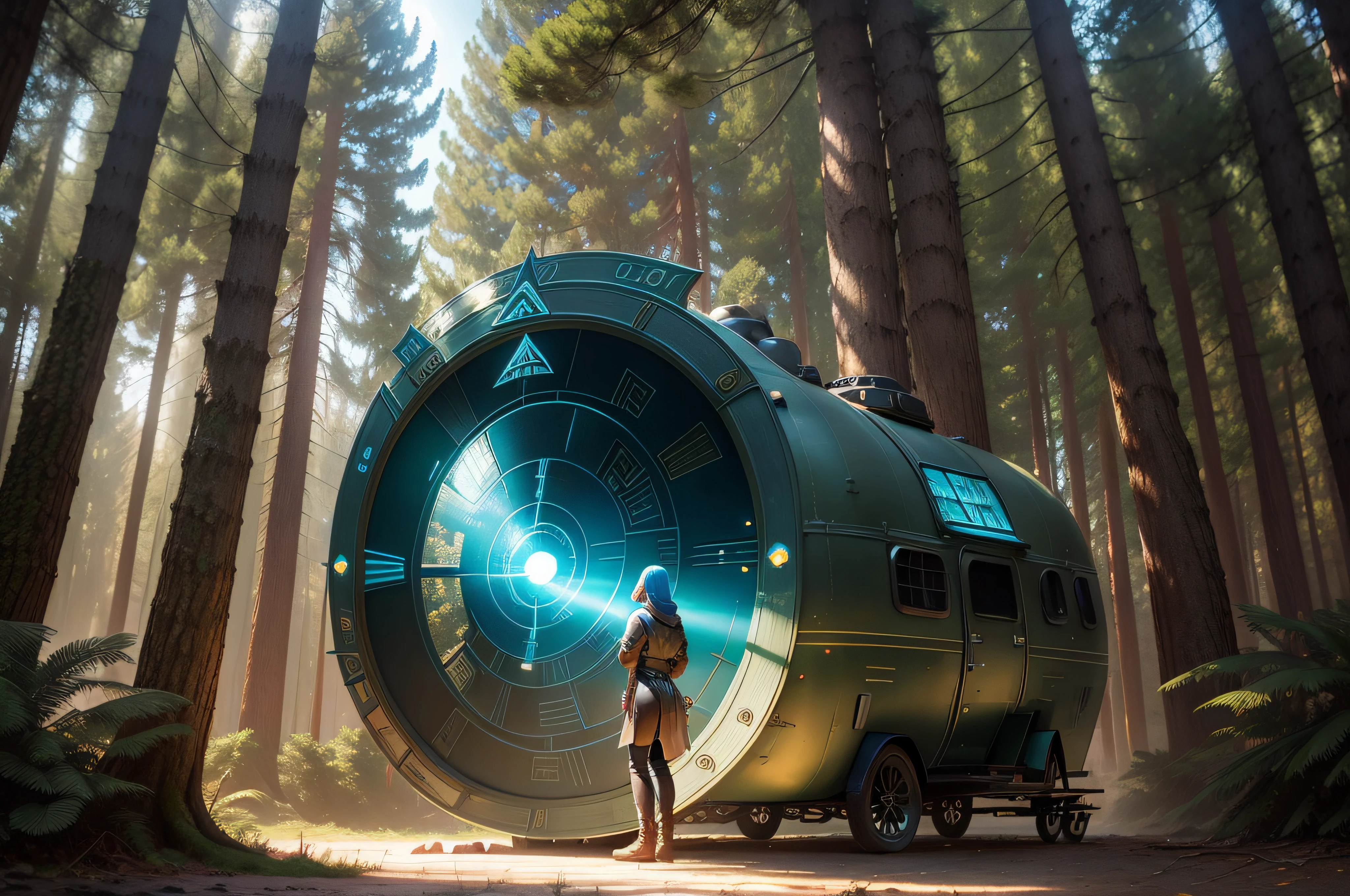 (pine forest:1.0), (stargate portal:1.3), (vintage airstream trailer:1), (visitor:1.0), winding forest path, sensual, fantasy art, epic fantasy digital art style, afternoon, sun rays, blue light