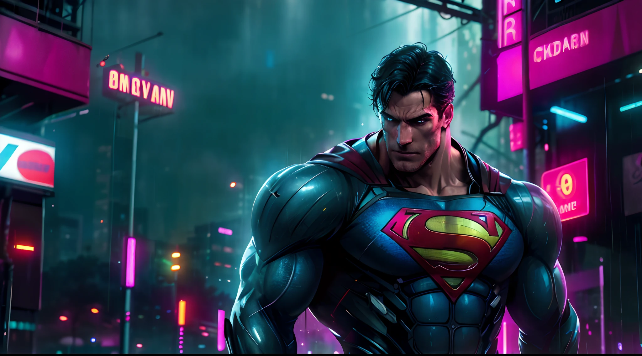 Superman cyberpunk stands imposingly in a rainy cyberpunk city. Neon accentuates your muscles, Rain and scars. The landscape is lush and mysterious rain, with rain and surroundings. The camera details everything. neon lights, The City of Rains, Sateen