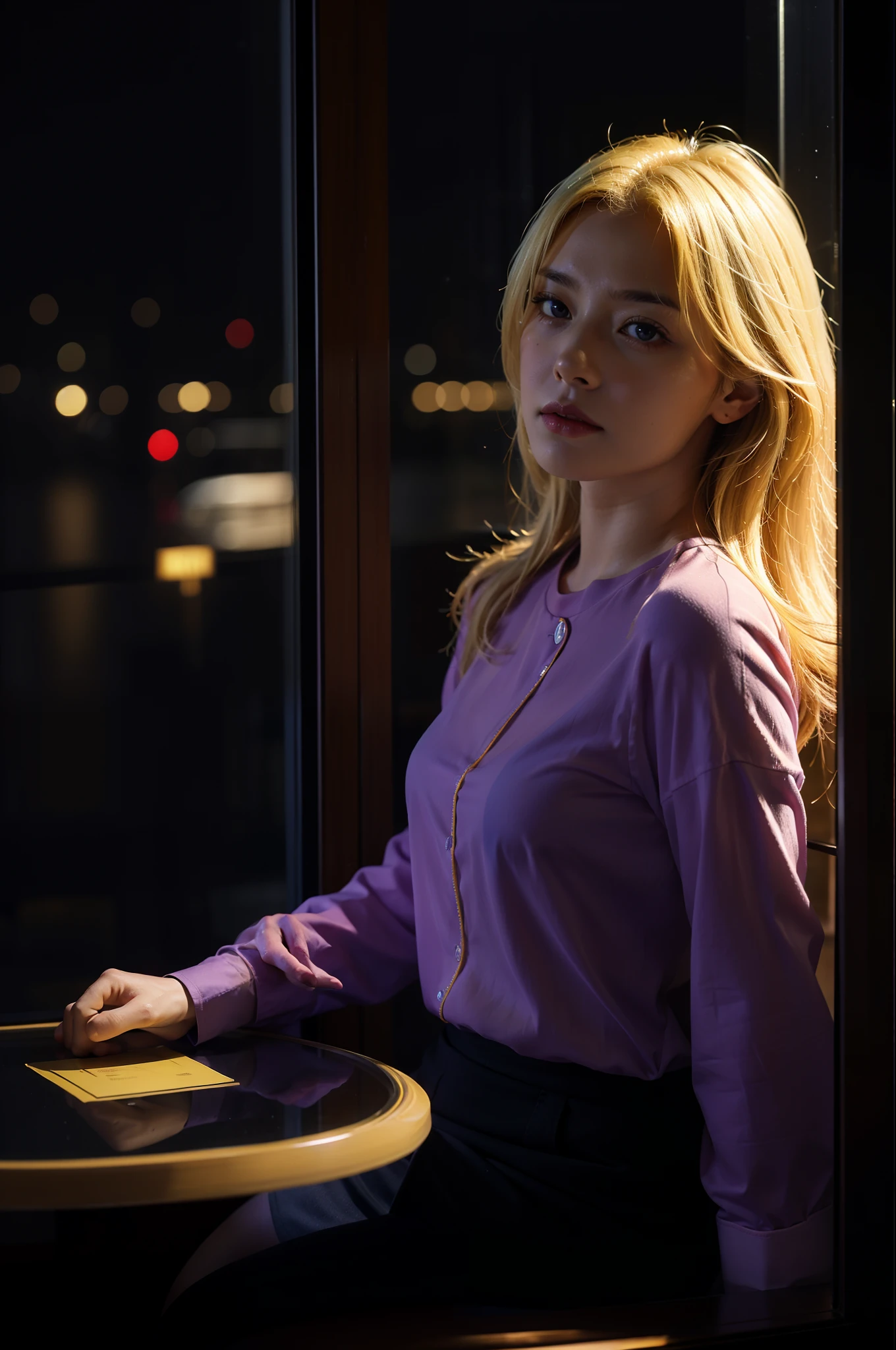 sitting woman portrait, blond hair, facing the window, night, sad mood, confusion, car light, yellow light, dark background, sitting in the restaurant, window glass, rain, purple black color