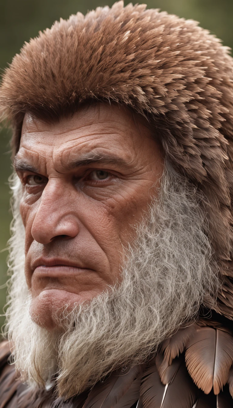 homem aguia com mascara de aguia ,de um real，Facial features are carefully described，textura de pele realista，中景 the scene is， Barbarian Bearded，（Male eagle people：1.4），(mascara de aguia:1.5)，membros espessos，（Meio corpo：1.4），Cabelo de corte curto de cor marrom，Estilo escuro，profundidade de campos，Luz alta，luz real，Traching de raias，oc renderizado，hyper-realistic，melhor qualidade，8k，Obras de mestres，super-fino，pelos pubianos detalhados，anatomia correta，Bokeh，Facial features are carefully described