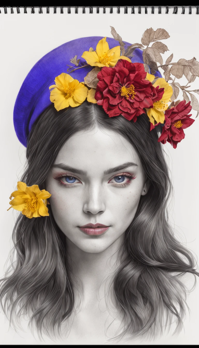 [On a sketchbook sheet, Blue lines, A beautiful and intriguing woman looks at the viewer with a faint smile on her lips. she has long, Dark hair, that fall on your shoulders. She wears a black hat, Decorated with red flowers, yellow and purple on the head. The cap contrasts with the white background of the sheet. The image is a genuine work of pencil painting art, inspired by Diego Koi's realistic and detailed style, Famous Italian artist.]