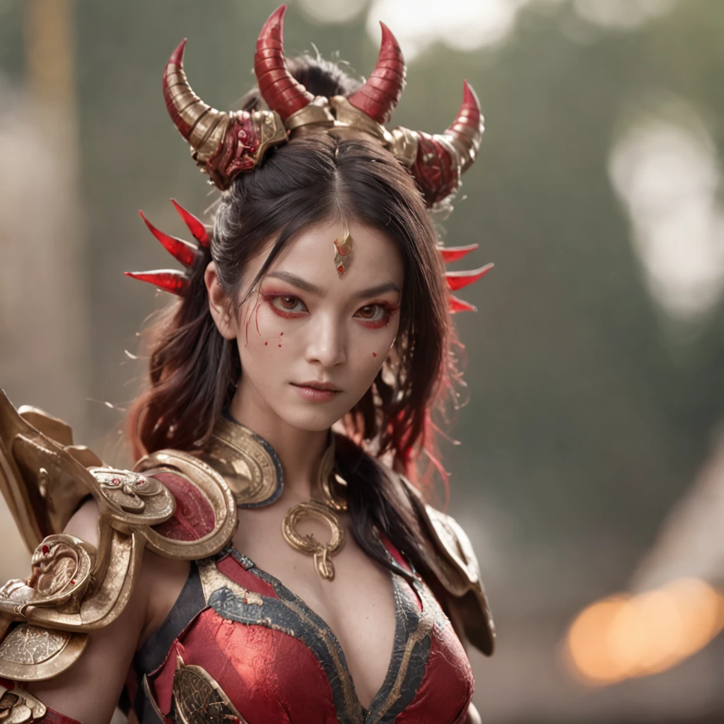 medium shot, a female human RazerLegends: The Orochi Artistry Arena, red possessed eyes, anthropomorphic, fashionable, cool, outdoor photography, intricate, glimmer, glamour, backlit, Depth of Field, ultra detailed, rainbow, beautifully color graded, golden ratio, creative, expressive, colorful, 3D rendering, alluring, serene, masterpiece, nearing perfection