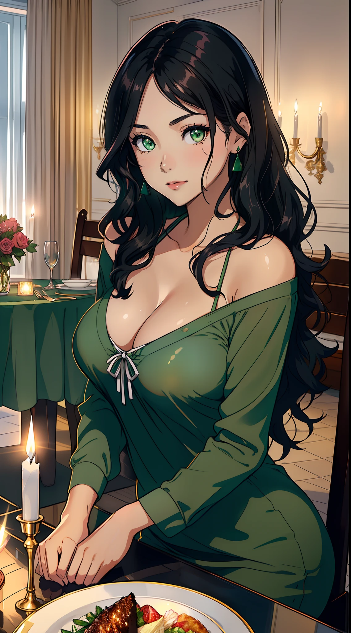 ((((A young woman))), the anime, ( Green eyes), (black hair), Nice face, ssmile, the perfect body, Wavy Hair, hairlong, (((morena))), big breastes, ((tmasterpiece, beste-Qualit)), illustartion, ультра детализированная 8k, Photorealistic, sharp-focus, higly detailed, Professional lighting, Kemi, Dining Room, a table, supper, meal, Family Dinner, candle lights, Loungewear, comfort, Cozy clothes, fami, husband, children