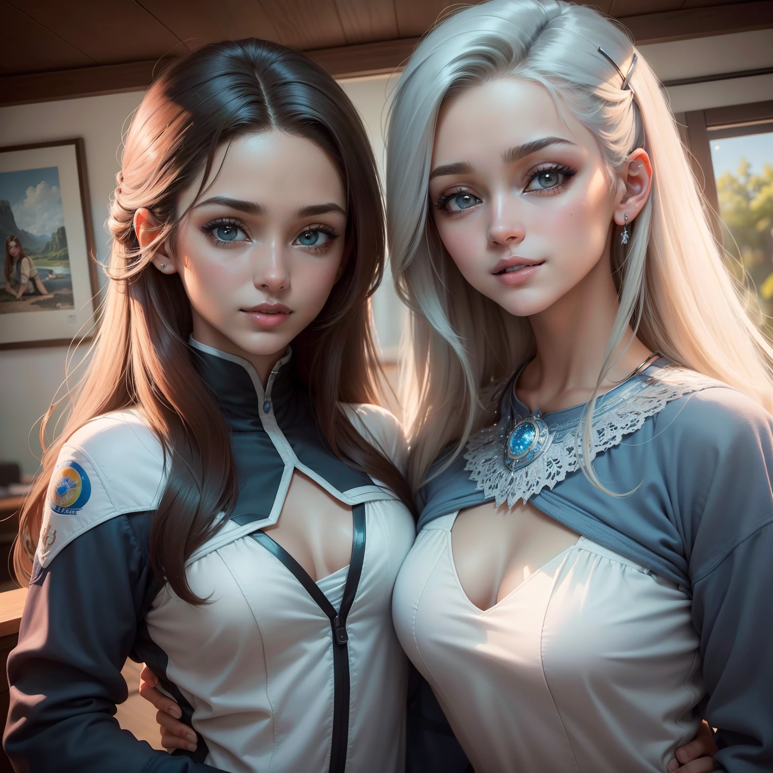 2 Half-elf, females,  blue eyes, dark blonde hair in the middle of a uefa 2024 stadium, indossano le divise di die squadre di calcio diverse fra loro, una scura e l'altra chiara 