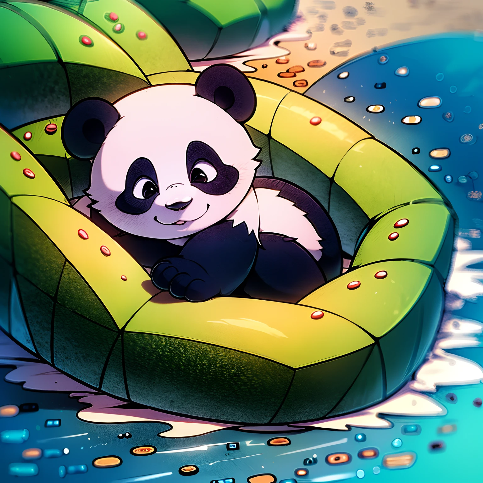 : 3。 panda、parado en 2 patas sobre una roca. playa de fondo, caricaturesco、Animales peludos、ojeras、dormir...、no humano，luz roja