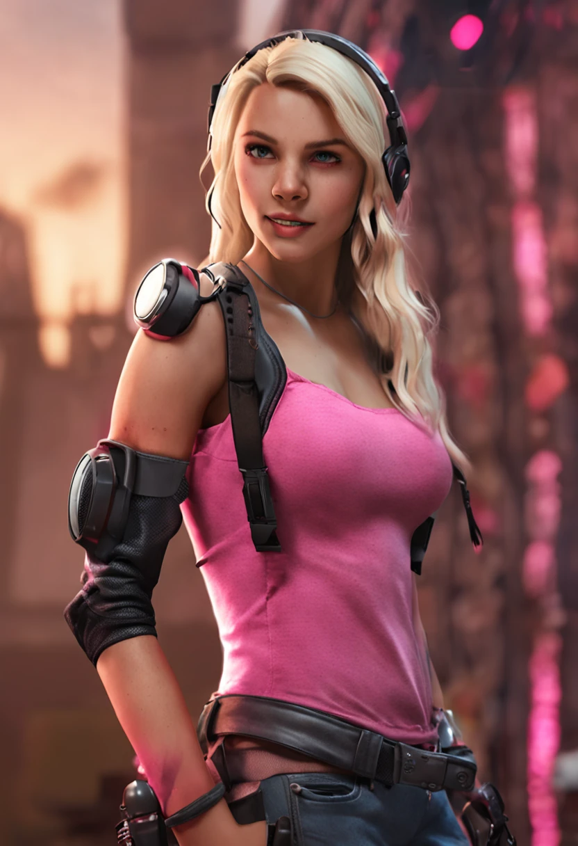 Realistic photo: blonde gamer girl leaning against camera, foto de frente acima, Capuz vermelho, fones de ouvido gamer brancos grandes, medium breasts, top branco apertado:1.2, clivagem, pink bra:1.2, Olhando para o Viewer, cores suaves, Cinematic lighting, anatomia perfeita:1.2, seios redondos:1.2, bem organizado, puro:1.2, perfectly proportions