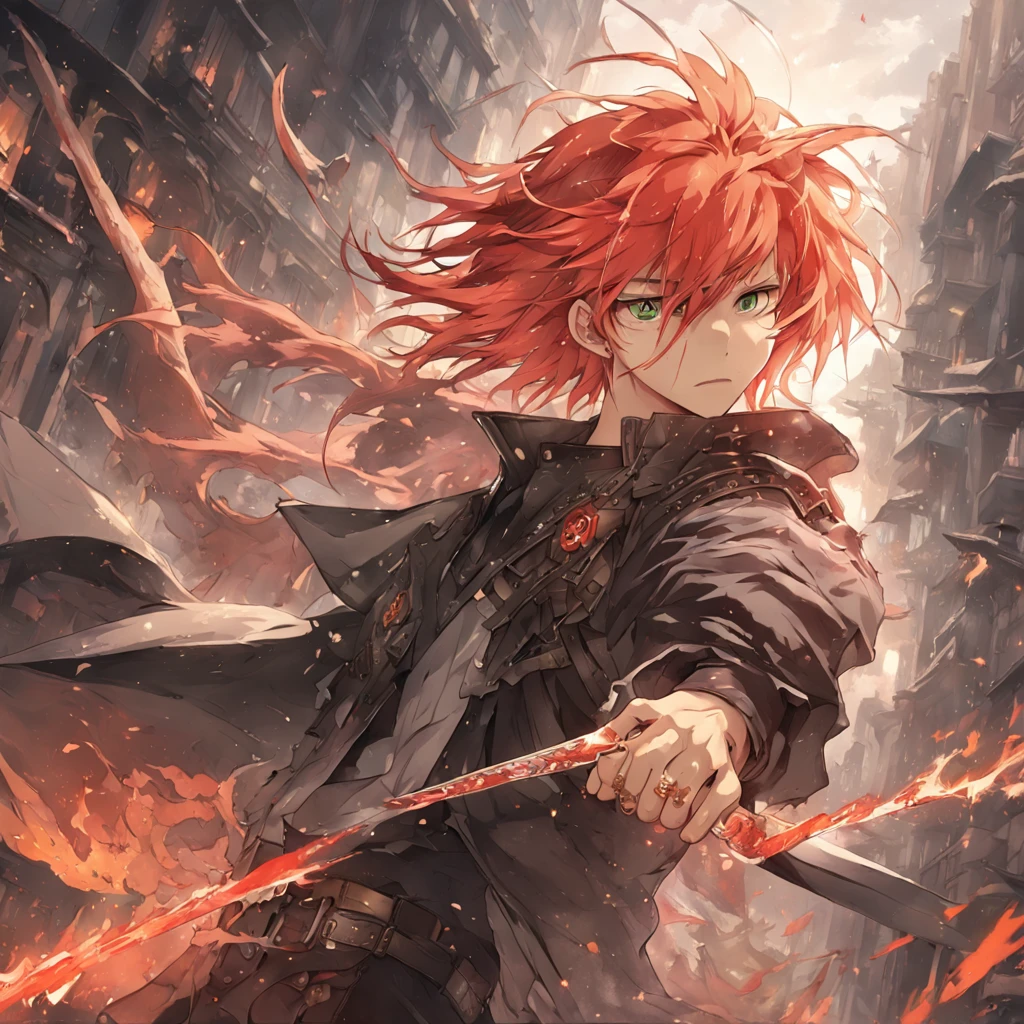 white boy, long red hair, green eyes, a dragon tattoo on his right arm, dragons wings, scaled face, a sword in his right hand, destroyed city, fallen buildings, dark environment