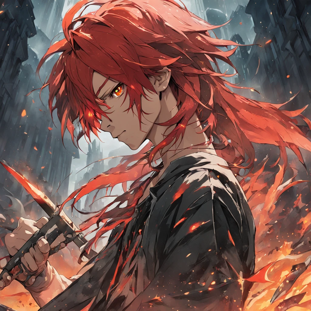 white boy, long red hair, green eyes, a dragon tattoo on his right arm, dragons wings, scaled face, a sword in his right hand, destroyed city, fallen buildings, dark environment