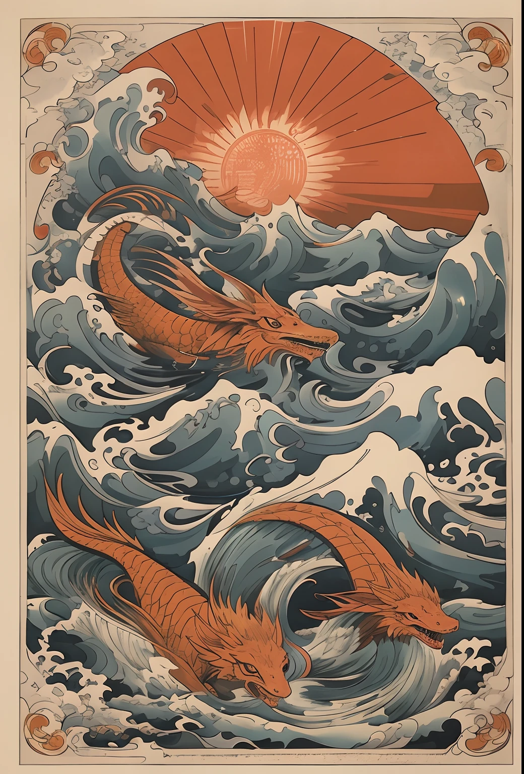 There is an image of a painting of a dragon and a wave, inspired by Kawanabe Kyōsai, inspirado em Utagawa Kuniyoshi, James Jean e Victo Ngai, Inspirado em Utagawa Hiroshige II, Victo Ngai e Tristan Eaton, inspirado em Yuko Shimizu, Estilo Victo