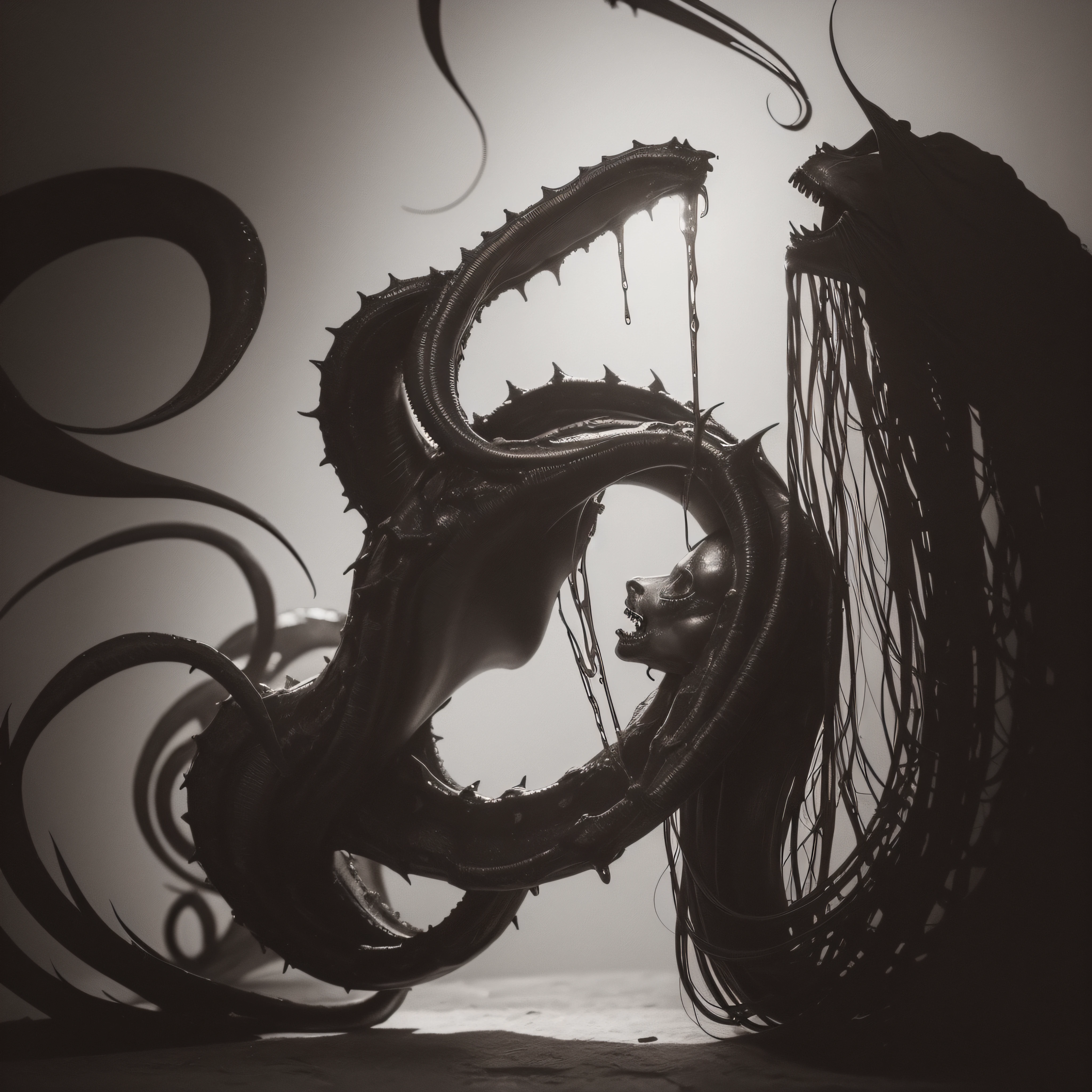 (extremadamente detallado, obra maestra, La mejor calidad), Estilo oscuro, intense illumination, rostro con arrugas, mujer crucificada, tentacle, monstruoso, interior de una piscina de agua, imagen submarina, alien con Colmillos finos. manchas de tinta. Rococo composition. Luz de caravaggio