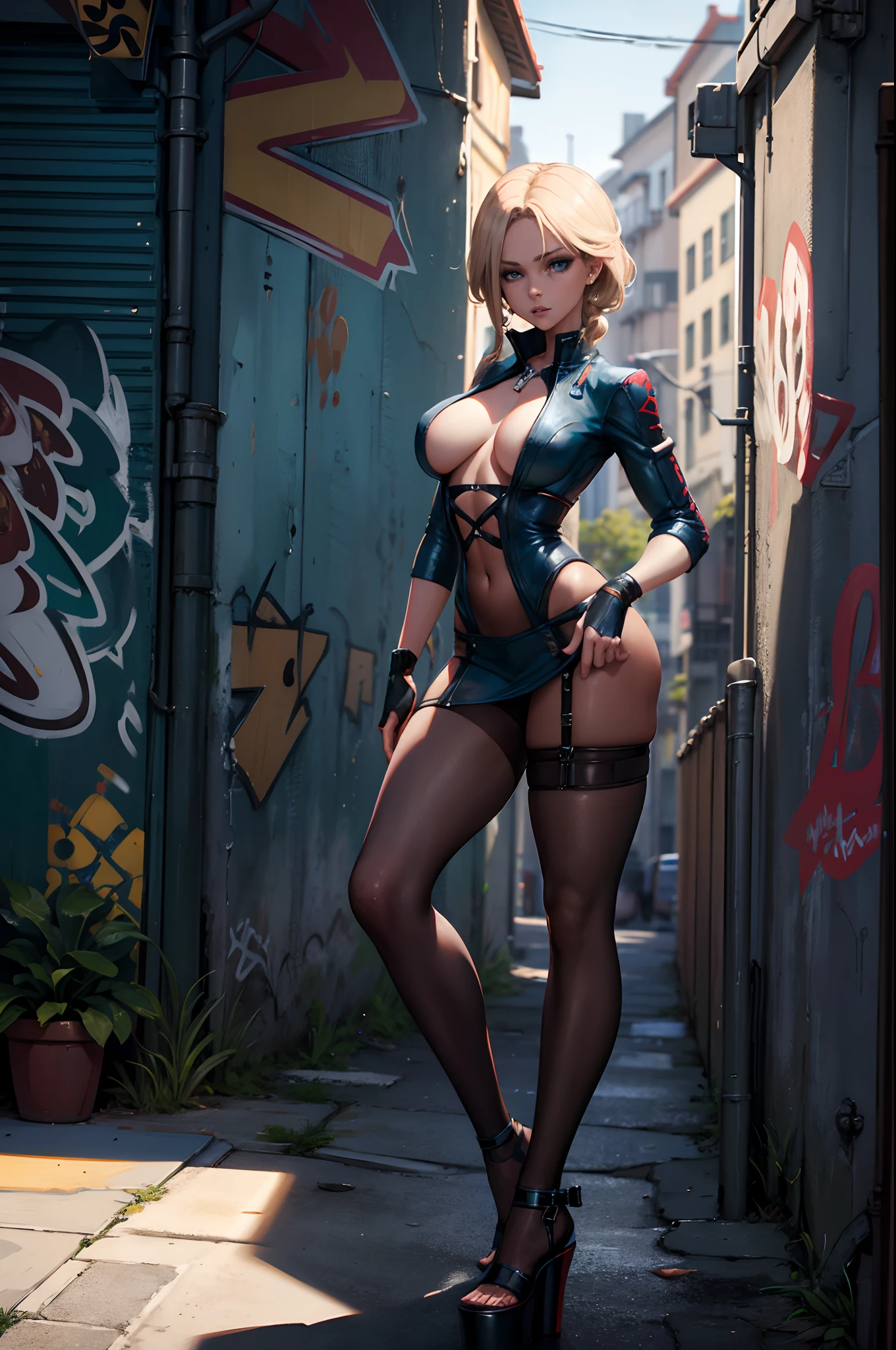 professional photograph shot on Canon EOS R6, moody lighting, 80mm,
1girl, blond hair, [very short hair|very long braids], blue eyes, edgy, [green bodysuit|blazer|asymmetric dress], underboob, scenery, standing in front of a graffiti-covered wall, rebellious, street fashion, platform heels, very sexy pose, By art germ, onlyfans,