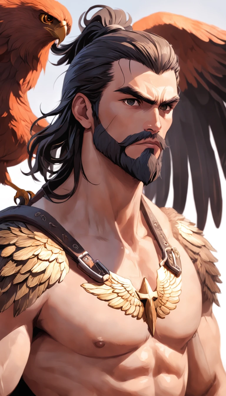 homem aguia com mascara de aguia ,de um real，Facial features are carefully described，textura de pele realista，中景 the scene is， Barbarian Bearded，（Male eagle people：1.4），(mascara de aguia:1.5)，membros espessos，（Meio corpo：1.4），Cabelo de corte curto de cor marrom，Estilo escuro，profundidade de campos，Luz alta，luz real，Traching de raias，oc renderizado，hyper-realistic，melhor qualidade，8k，Obras de mestres，super-fino，pelos pubianos detalhados，anatomia correta，Bokeh，Facial features are carefully described