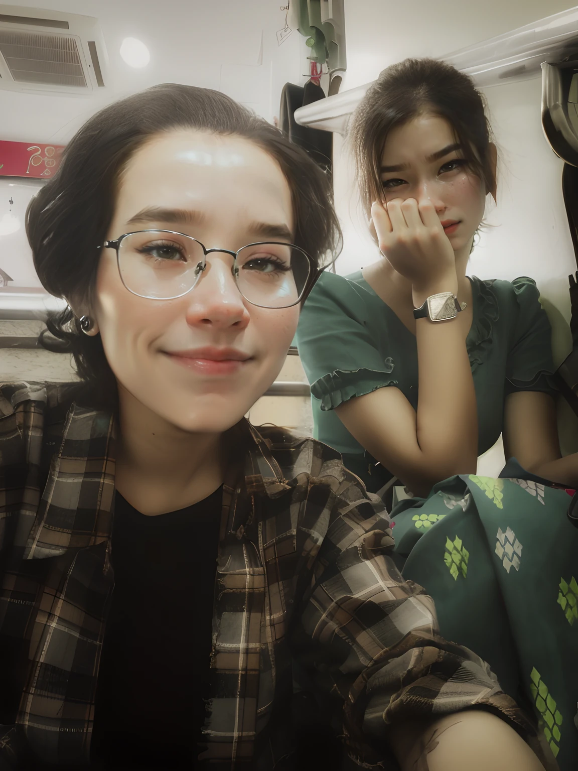 there are two women sitting next to each other on a bus, blurred photo, low quality photo, 😭🤮 💔, with her long, low quality photograph, selfie, taken with sony alpha 9, 8k selfie photograph, 🤬 🤮 💕 🎀, very very low quality picture, in a subway, couple, with ivy