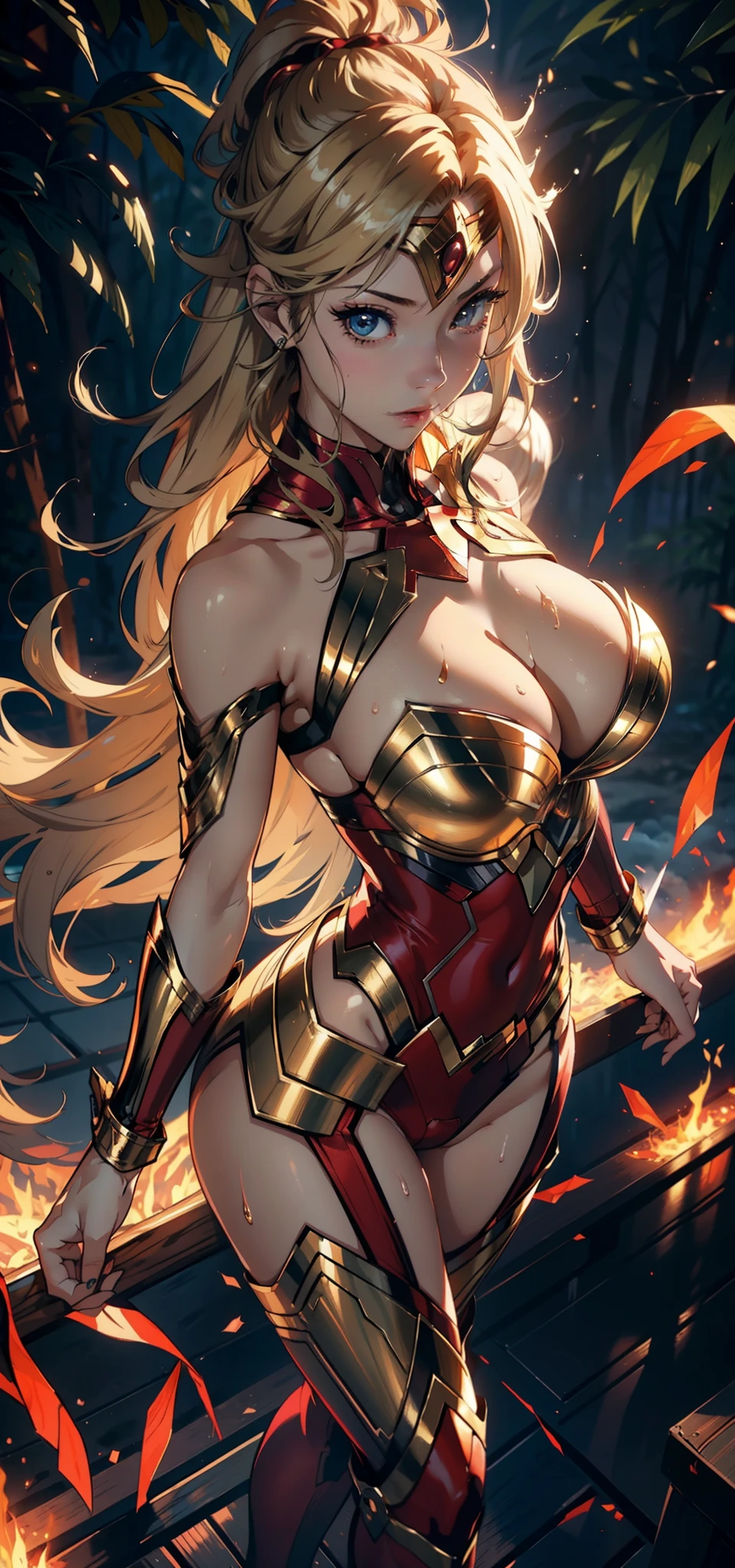 1female，35yo，Slim，熟妇，gigantic cleavage breasts，Big breasts Thin waist，slenderlegs，Pornographic exposure， 独奏，（Background with：ln the forest，the rainforest，in summer） She has long blonde hair，standing on your feet，Sweat profusely，drenched all over the body，seen from the front， hair straight， mostly cloudy sky，（（（tmasterpiece），（Very detailed CG unity 8K wallpaper），best qualtiy，cinmatic lighting，detailed back ground，beatiful detailed eyes，Bright pupils，（Very fine and beautiful），（Beautiful and detailed eye description），ultra - detailed，tmasterpiece，）），facing at camera，（Full body photo），A high resolution，ultra - detailed），revealing breasts，Bare genitalia，  Bulge，legs are open，Raised sexy，Camel toes，Flushed complexion，Open-mouthed，frontage，Gold Saint Seiya（Wearing：Wonder Woman uniform，Iron Man uniform，red jumpsuit，）