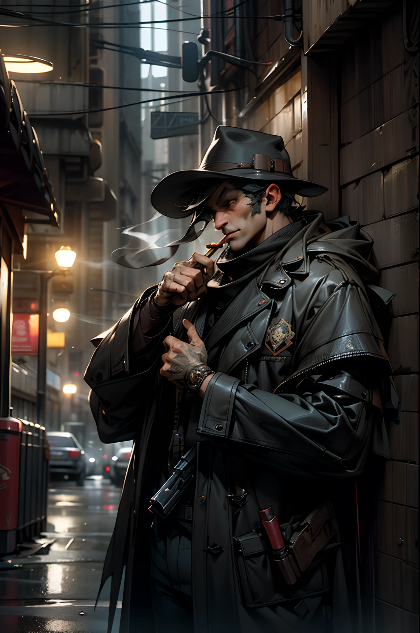 Detective in a brown hat and coat smoking a sigarro in a rainy alley with noir atmosphere leaning against a wall while smoking 8K rendering", octane rendering ", octane rendering", super detailed rendering, Super octane rendering, hyper-detailed 3D rendering --auto