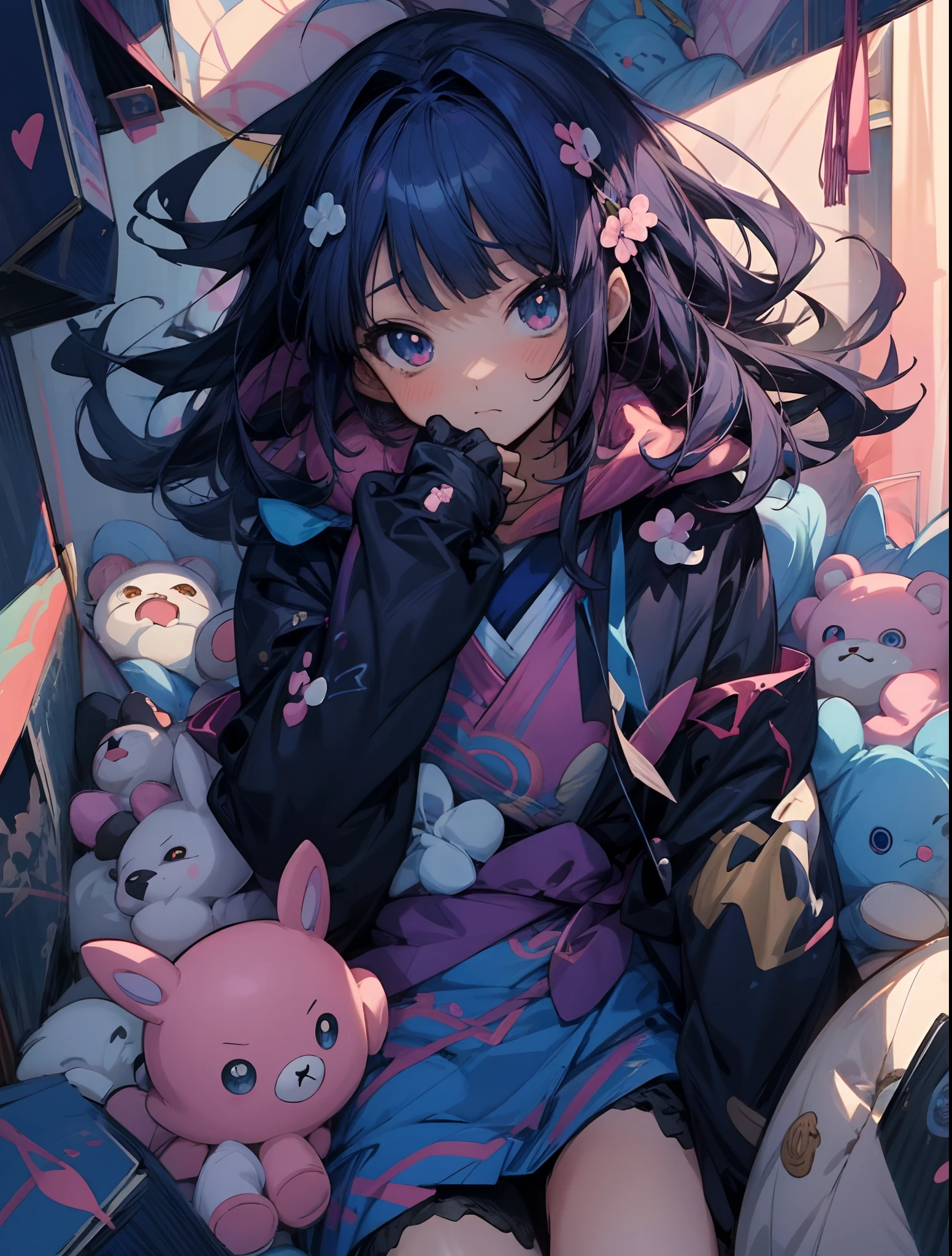 anime girl with a bunch of stuffed animals in her lap, anime style 4 k, anime aesthetic, anime art wallpaper 4 k, anime moe artstyle, anime art wallpaper 4k, anime style. 8k, anime vibes, anime art wallpaper 8 k, detailed digital anime art, anime style illustration, digital anime illustration, anime illustration, soft anime illustration