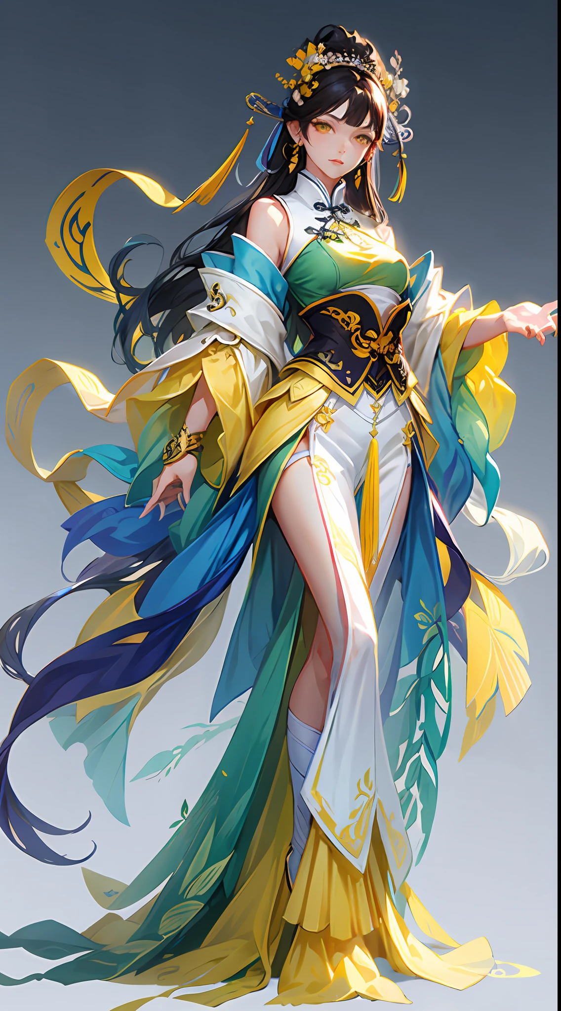 Game Character, East Asian Original Art Character Design, 1girl, solo, brunette hair, full body, hair accessory, dress, long hair, gradient, gradient background, jewelry, standing, yellow eyes, earrings, bare shoulders, thighs, chinese clothing, tassels, yellow strips, black bandeau,[:(gradient background:1.5):40],