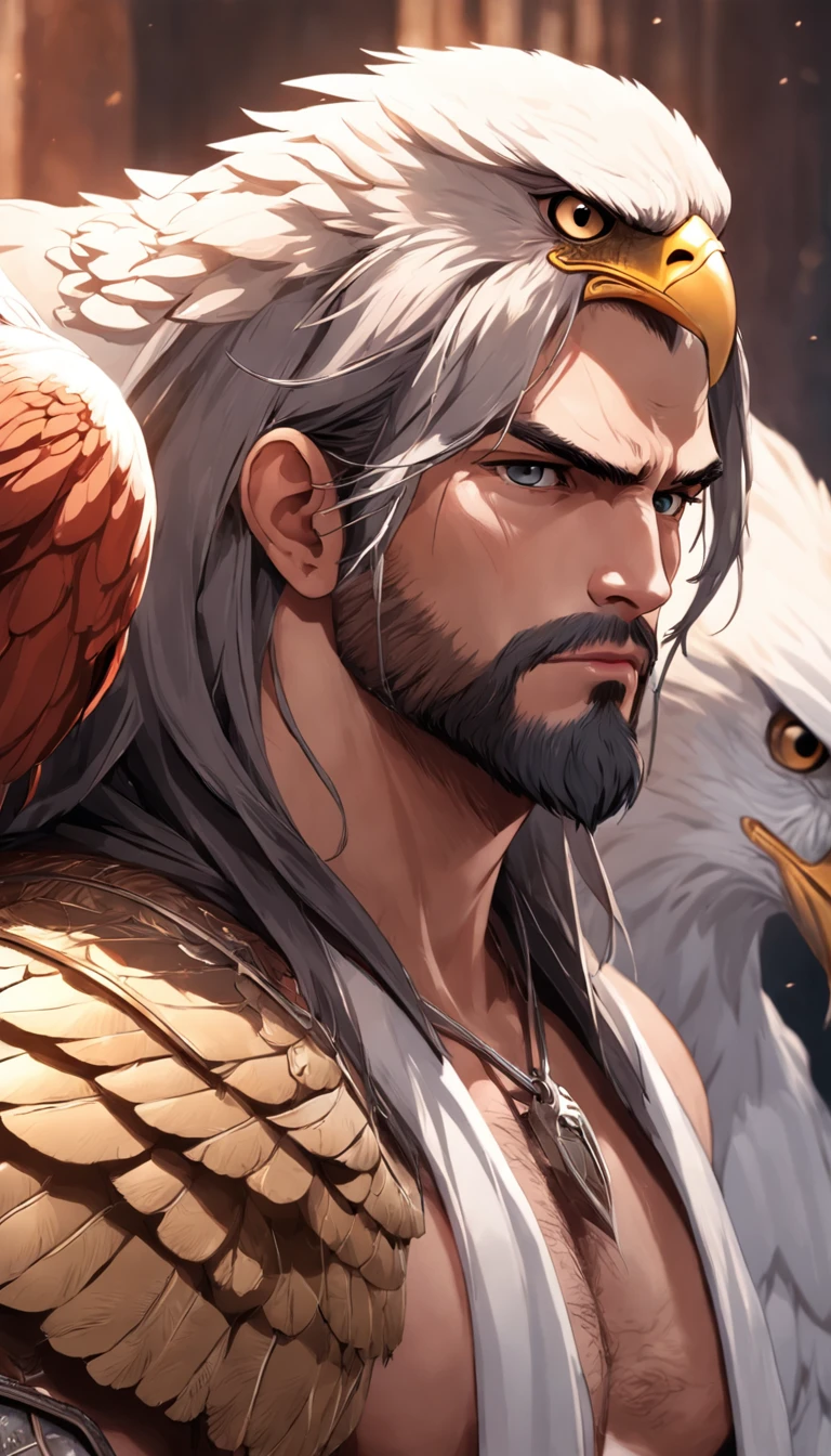 homem aguia com mascara de aguia ,de um real,Facial features are carefully described,textura de pele realista,中景 the scene is, Barbarian Bearded,(Male eagle people:1.4),(mascara de aguia:1.5),membros espessos,(Meio corpo:1.4),Cabelo de corte curto de cor marrom,Estilo escuro,profundidade de campos,Luz alta,luz real,Traching de raias,oc renderizado,hyper-realistic,melhor qualidade,8k,Obras de mestres,super-fino,pelos pubianos detalhados,anatomia correta,Bokeh,Facial features are carefully described