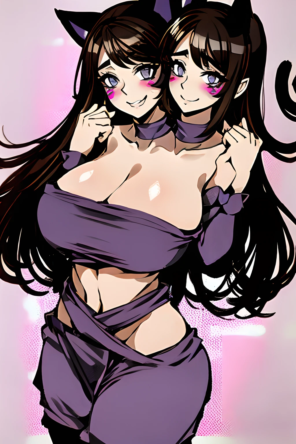 2heads, a short fat woman with 2 heads. She has massive breasts. She is outside in a sunny village. She is wearing a skimpy outfit. She is wearing fake cat ears and a fake cat tail. She has enormous fat breasts. She has cat facepaint and fake whiski. She is extremely short. She is extremely fat. She looks flirty. She looks seductive. She is blushing. Her breasts are gigantic and fat. She has long straight dark brown hair. She looks mature. She looks motherly. Her breasts are enormous. She is laughing.