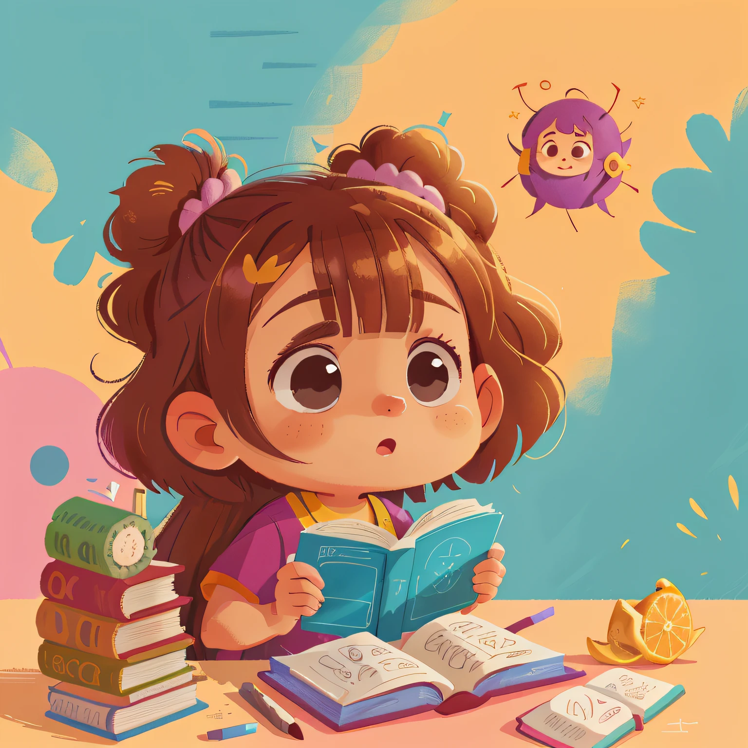 Poster design, (SFW), uma menina pequena, cabelos castanhos, olhar curioso, animada, carcada de livros, qualidade perfeita, foco claro, colorido, rosto perfeito, detalhes intrincados, angle of view ultra-low, lente grande angular