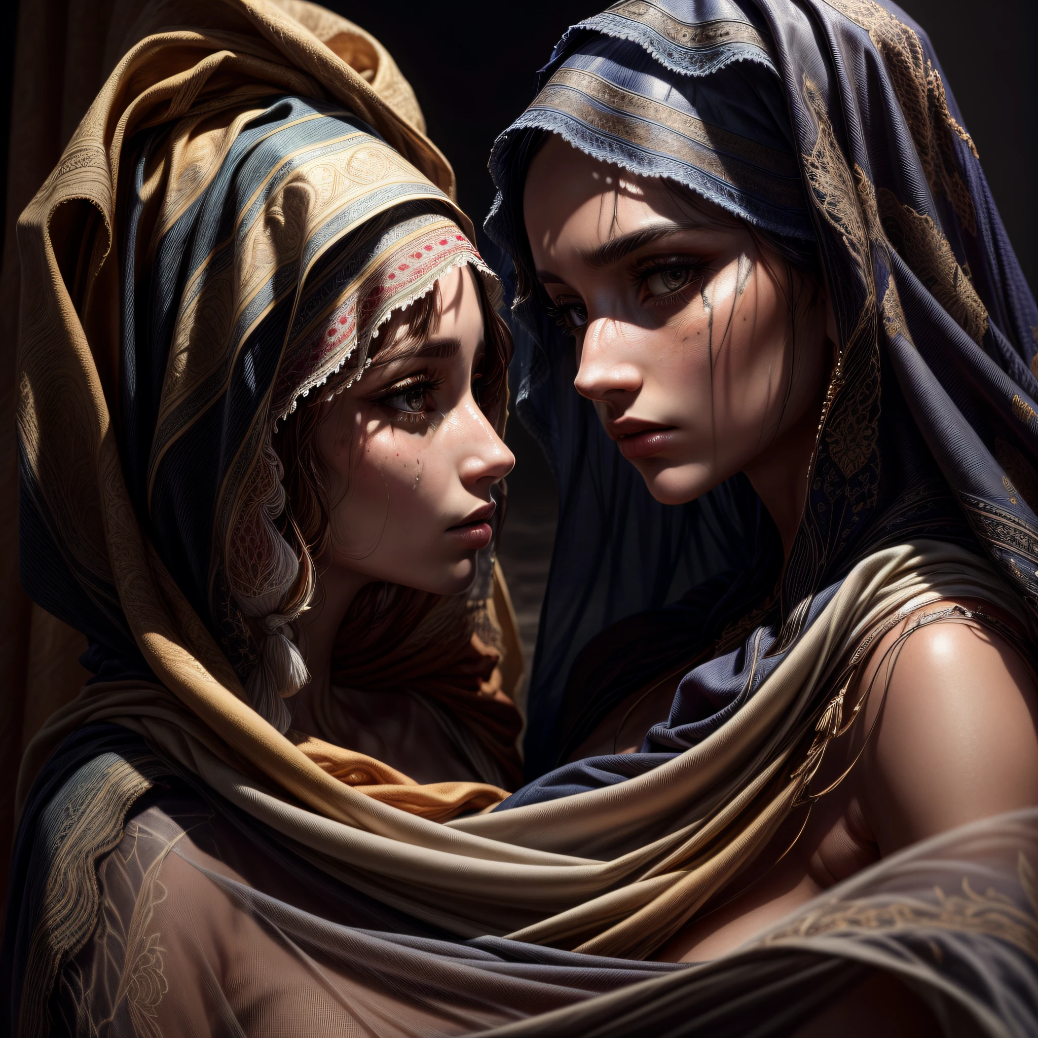 (masterpiece, shallow depth of field, 8k, uhd, extremely detailed, highest quality), theme: desert, two veiled women looking at each other covered in beautiful thin flowing fabrics, decorated fabrics cover the entire canvas and background, foreground, abstract, skin detail, complex faces, impurities, depth of field