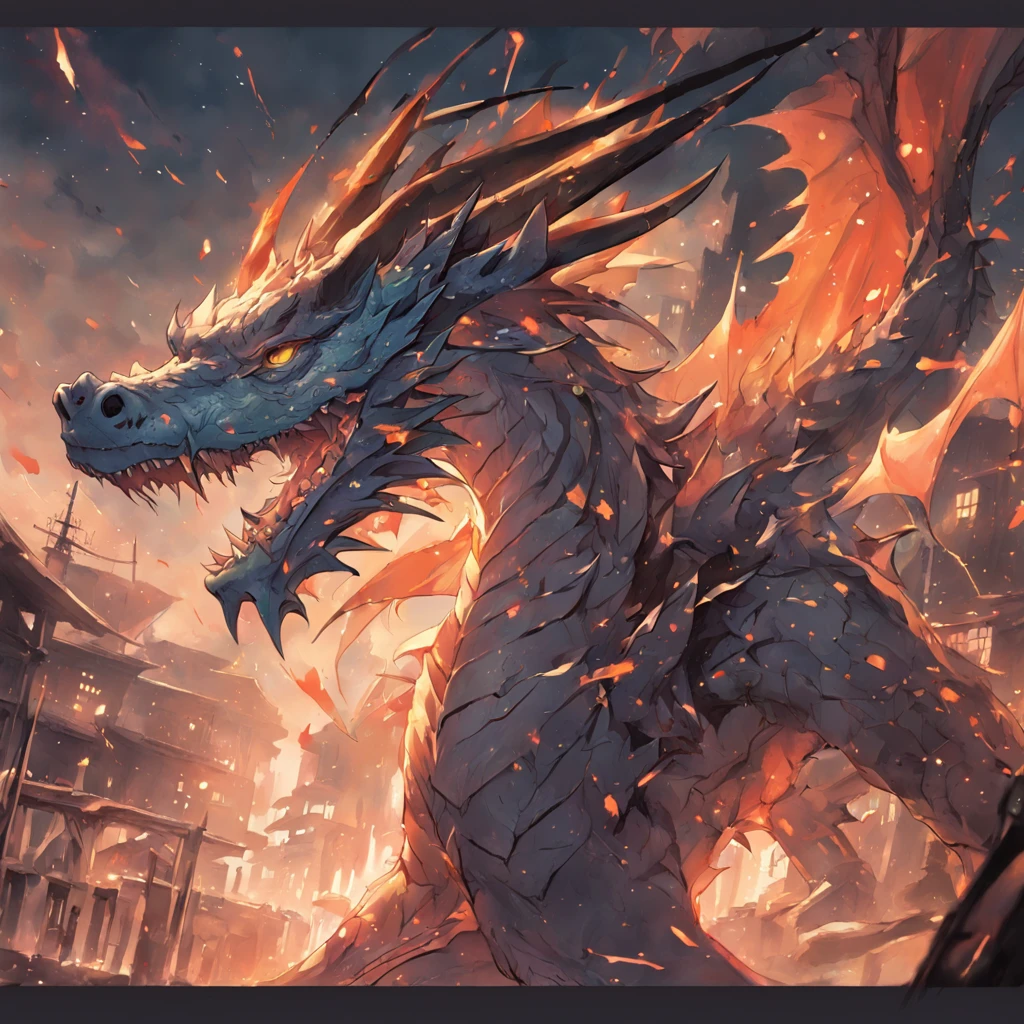 menino branco, longos cabelos ruivos, olhos verdes, a dragon tattoo on his right arm, Wings of Dragons, rosto escamado, a sword in his right hand, Wrecked City, Fallen buildings, ambiente escuro
