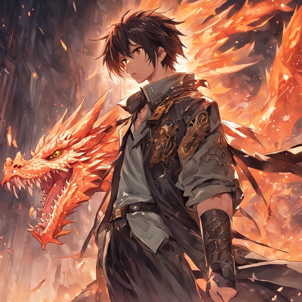 menino branco, longos cabelos ruivos, olhos verdes, a dragon tattoo on his right arm, Wings of Dragons, rosto escamado, a sword in his right hand, Wrecked City, Fallen buildings, ambiente escuro