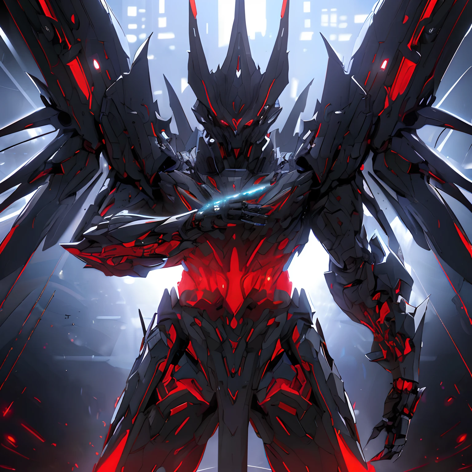 a robot,red eyes,black theme,city,glowing eyes,solo, lord,at night,
best quality, highly detailed, ultra-detailed, masterpiece, 8k wallpaper, bad anatomy,  highres, super fine illustration, game cg,  (blacklight:1), command spell,,mechanical parts, robot joints, headgear,full armor, mecha,mask