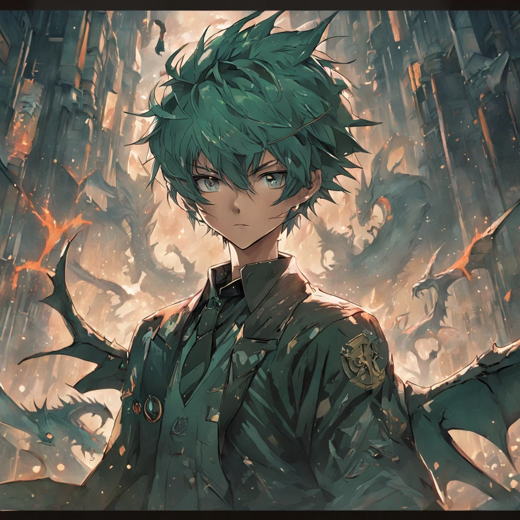 menino branco, longos cabelos ruivos, olhos verdes, a dragon tattoo on his right arm, Wings of Dragons, rosto escamado, a sword in his right hand, Wrecked City, Fallen buildings, ambiente escuro
