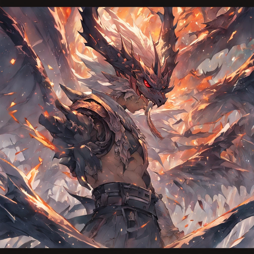 branco, longos cabelos ruivos, olhos verdes, a dragon tattoo on his right arm, Wings of Dragons, rosto escamado, a sword in his right hand, Wrecked City, Fallen buildings, ambiente escuro