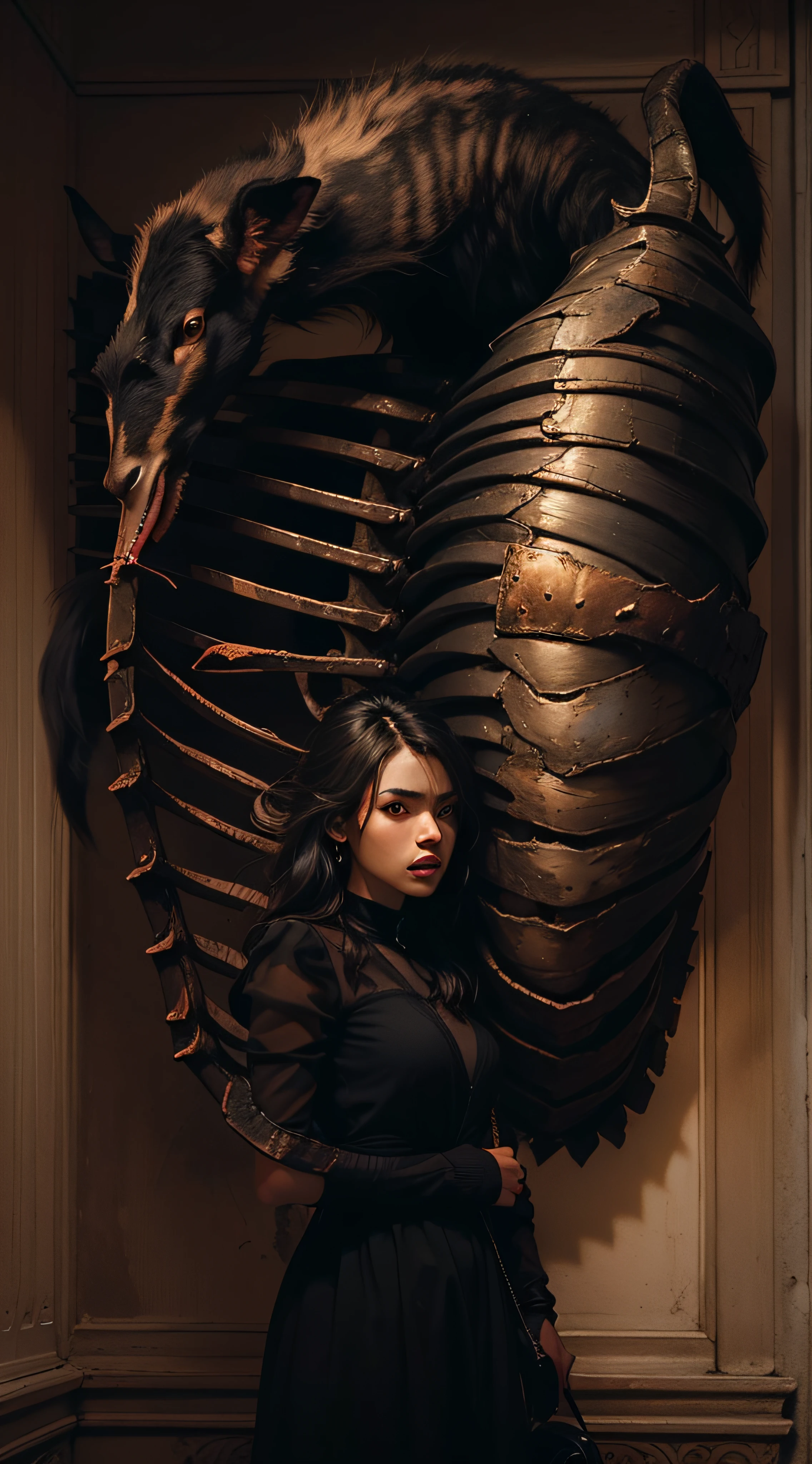 "(The best lighting, alto contraste, oscuro, dramatic),(Chica junto a una cabra negra gigante, Open the rib cage, autopsia, caldero con huesos humanos, sangre por las paredes),Luz Caravaggio"