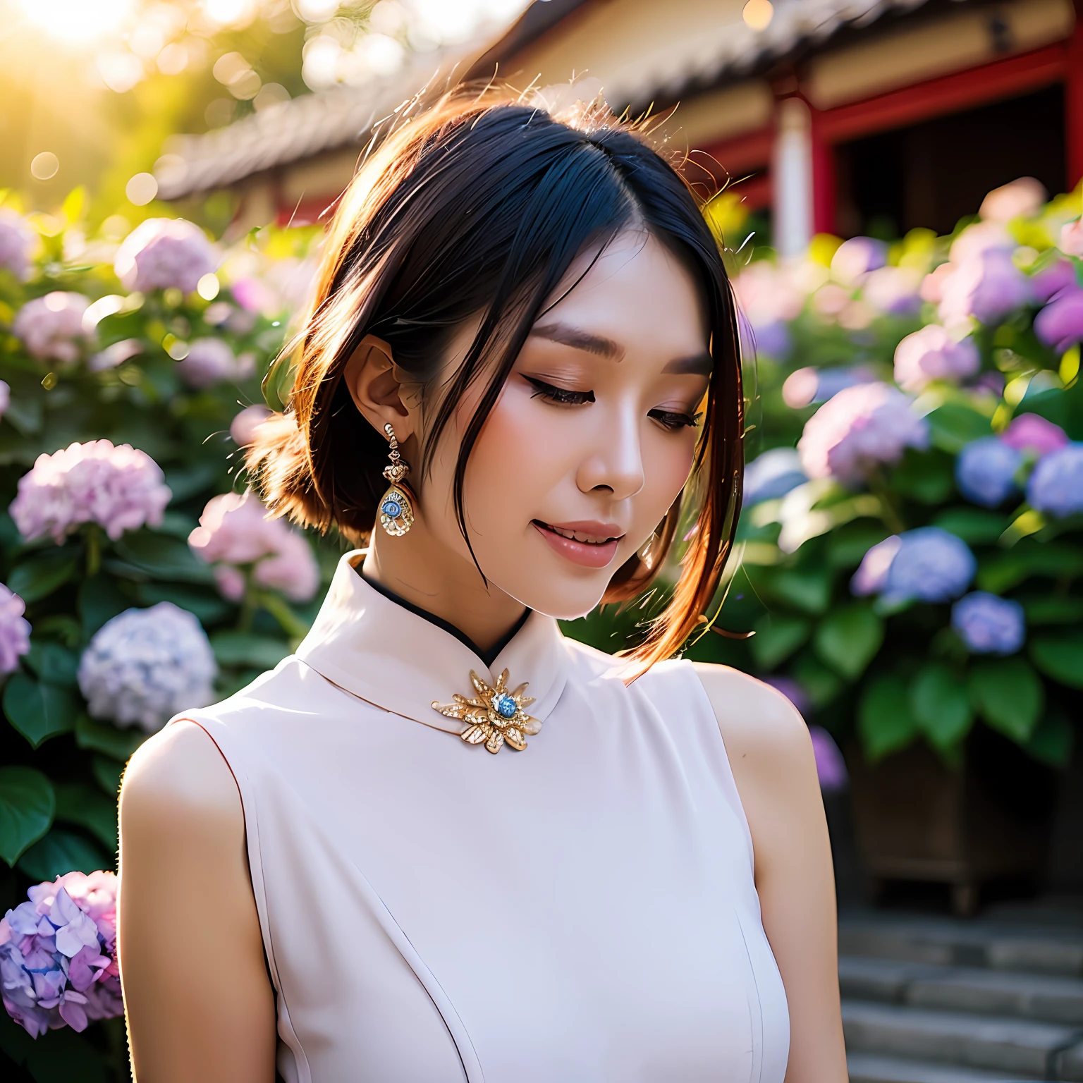 (((Upper body photo, medium shot)))), ((Single eyelid))),(Sunset backlight))),((Lens flare)),((Lens flare)),(In Chinese garden in china clothes)),((Super Soft Focus))))), smiling, (Profile)))))), (Eyes closed)))), twilight, showeringSurrounded by colorful hydrangeas, hydrangeas in the background, ((soft sunset)), (yinchuan:1.5), masterpiece, best quality, raw photo, photorealistic, face, beautiful girl, cute, short hair, (((depth of field)))), high resolution, ultra detail, fine detail, very detailed, cinematic lighting