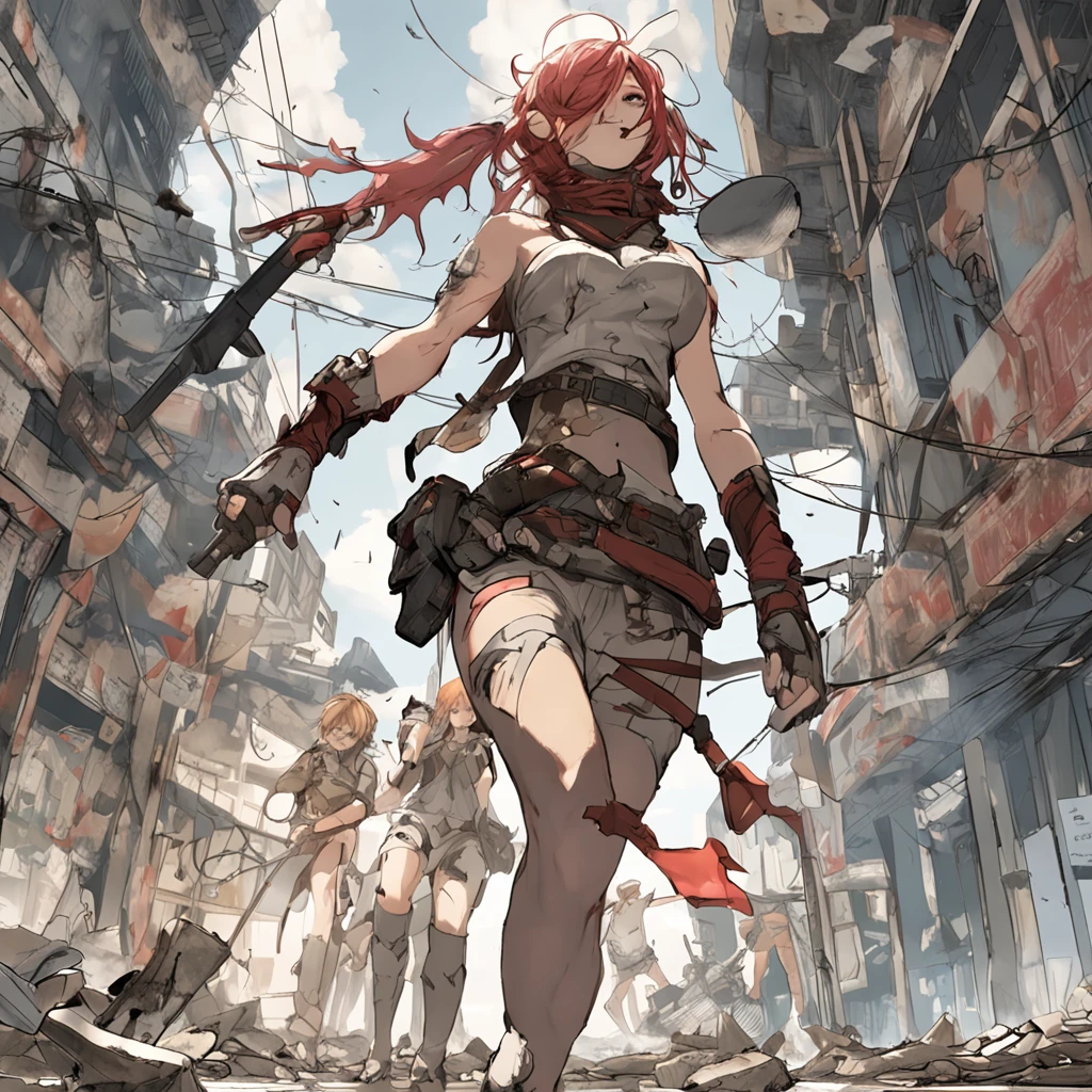 (Perspective),(Low Angle),((Comics)),(Masterpiece))), (((Best Quality))),((((Bare loincloth lifted up)))),((Ultra-detailed)), (highly detailed CG illustration), ((extremely delicate and beautiful face))),(masked), cinematic light, absurd clothing, (((girls in battle stances))) (full-length)), (masterpiece:1.2), ((Best quality:1.3), ((Multi-character combat))),(CHARACTERS OF THE POST-APOCALYPTIC WASTELAND WORLD)))), (CHARACTERS WANDERERS-RAIDERS)))), ((Mad Max's concept))))), (beautiful face)), ( beautiful anime eyes of characters))) , ( high-quality anime eyes of characters), (((( high-quality anime pupils)), ( beautiful anime pupils)), (( beautiful shape of anime eyes)), (( beautiful shape of anime pupils)), (( all faces with anime eyes)), ( simple anime eyes of characters))))) ,( without panties)))), wet skin, water, ((( very fighting pose))), (( very torn clothes))), atmosphere post-apocalyptic world, (((pulling on clothes))), (((bare torn clothes))))), ((eyebrows)))), ((mouth ajar))), (adult characters), ((character with red hair))), (open mouth screaming))), (angle from the ground to))), (naked)))), (pose jumps and runs)))) , (art in dynamics)))), (chase at high speed)))), (perspective from bottom to top))), ((big breasts)), (anatomy in perspective)))), (jumps))), ((naked)))), (not naked)))), ( bare chest is larger than the joint))), (( very red blush on the cheeks)))), ((background in the store of loincloth white bandages)), ((very embarrassed and red faces of girls)))), ((jumps)), ((naked shameful bandages)))), ((((absolutely without panties))))