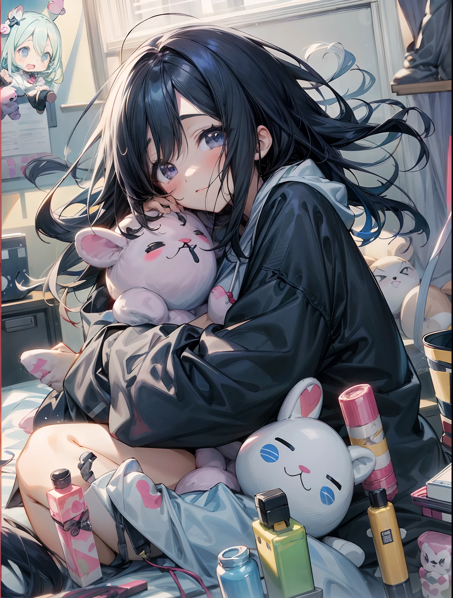 anime girl with long black hair sitting on bed with stuffed animals, black haired girl wearing hoodie, hanayamata, anime aesthetic, anime visual of a cute girl, anime style 4 k, anime moe artstyle, anime asthetic, anime wallaper, 4 k manga wallpaper, anime art wallpaper 4k, anime art wallpaper 4 k, anime art wallpaper 8 k