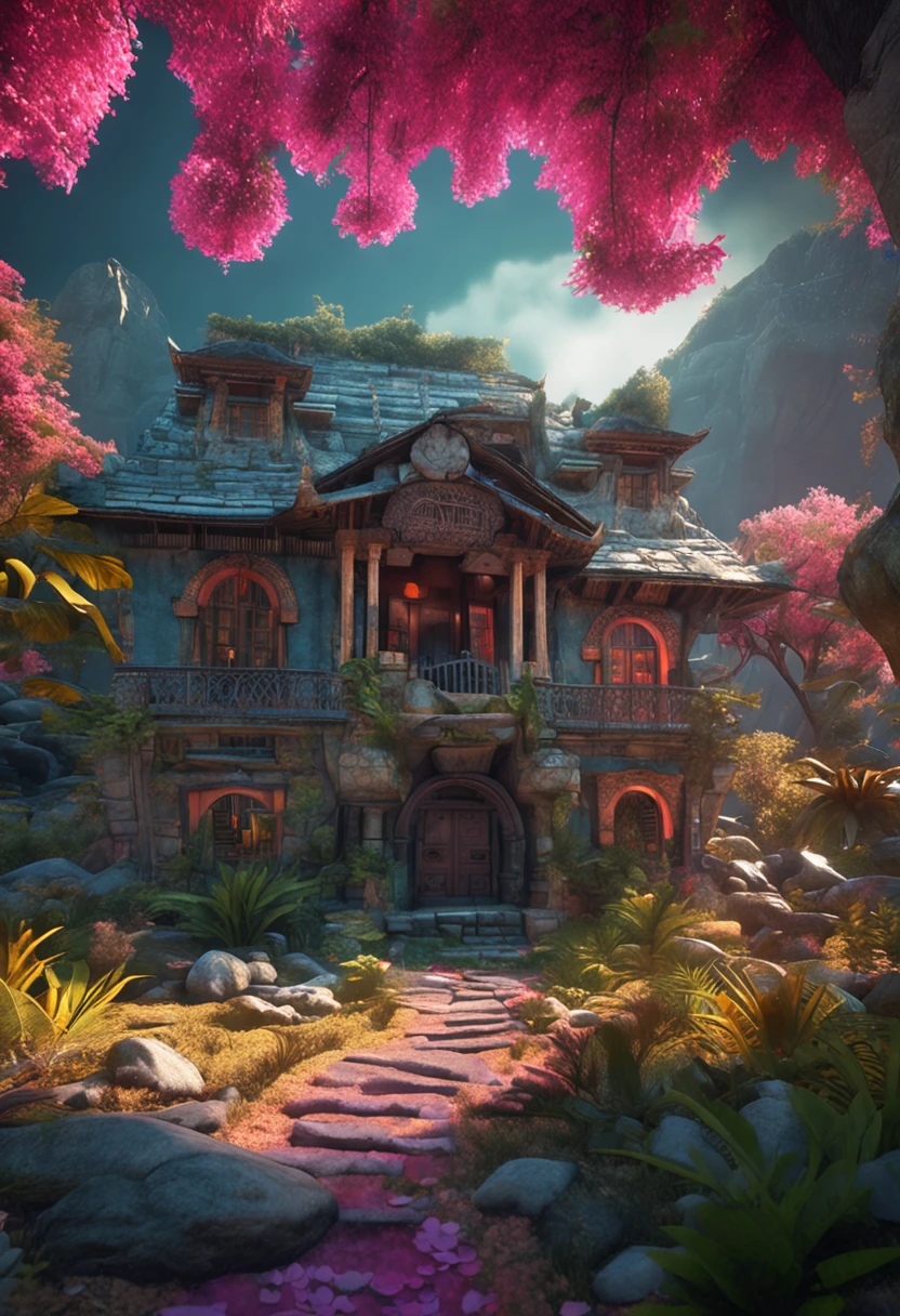 Wonderful nature world, ultra realistic look, 8k resolution, 3D look, beauty of nature, trees, flowers, waterfalls, clear details, enchanting beauty, morning vibes, detailed houses, detailed buildings, alluring nature