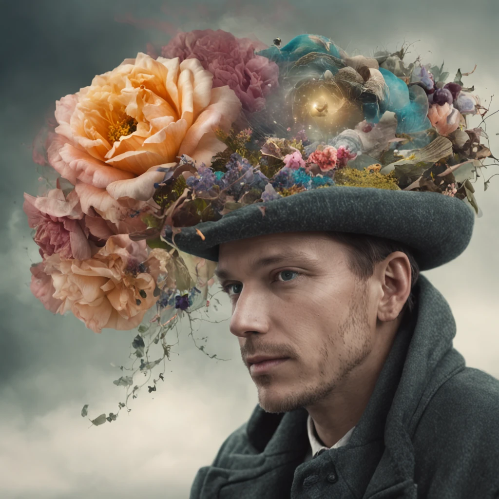 Em um retrato surreal bonito, An intriguing man emerges with a hat adorned with flowers on his head. The image is a true surrealist digital work of art, inspired by the magical creations of Maxim Verehin. Every detail of the illustration is impressive, with vibrant colors and mesmerizing textures that catch the viewer's eye. The portrait captures the essence of the flower storm, an emotional blend of fantastic and natural elements. Through techniques of photographic manipulation and surrealism, o retrato ganha vida, crossing the boundaries of reality and transporting the audience to a universe of imagination and wonder. The style refers to the influence of Alexander Jansson, with a magical and dreamy atmosphere, onde o surrealismo encontra a fantasia. Each digital brushstroke is carefully crafted to convey a unique and captivating beauty. Inspirado em Alberto Seveso, The portrayal of surrealism comes to life with fluid strokes, remembering the dance of movement and transformation. This beautiful digital art is a celebration of human creativity and the ability to transcend the boundaries of reality, inviting the viewer to immerse themselves in a world of imagination and enchantment.