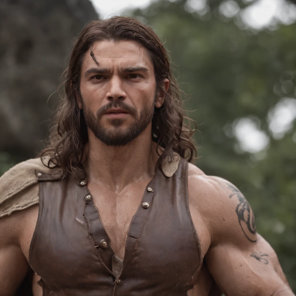 (Professional 3D rendering:1.3) de (Realistic:1.3) Foto de arte mais bonita do mundo，Features soft, bright male heroes, ((Epic hero fantasy rough muscular man wet hero angry look long hair short beard and fierce expression in dynamic pose, fantastic location, majestoso ambiente desordenado)), corpo inteiro 8k unidade render, action shot, poros da pele, very dark lighting, sombreamento pesado, circunstanciado, Rosto detalhado, (vibrante, fotogrdeia realista, Realistic, Dramatic, Escuro, foco nítido, 8k), (Old leather clothes damaged by bad weather:1.4), ((((Use peles)))), (intrincado:1.4), decadente, (altamente detalhado:1.4), pintura digital, rendering by octane, art stations, Conceito-Arte, liso, foco nítido, illustration, germe da arte, (Loish:0.23), Wlop Ilya Kuvshinov, e Greg Rutkowski e Alphonse Mucha Gracias, (global ilumination, studiolight, Light Volumetric), chuva forte, floating particles, patife, fantasia, Onze, corpo inteiroesbian, ((Fundo escuro e antigo da cidade:1.3)),CGSesociedade,art stations